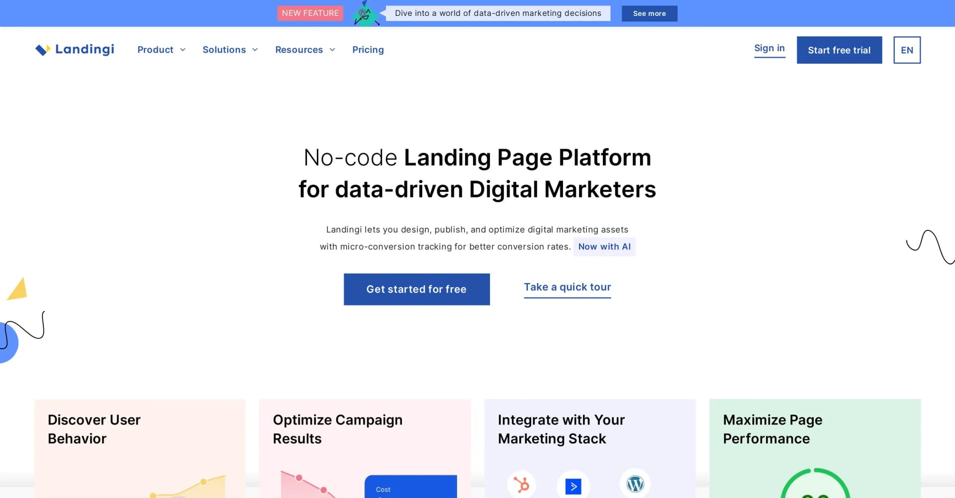 Landingi homepage screenshot — Boost marketing with no-code landing pages and funnels.