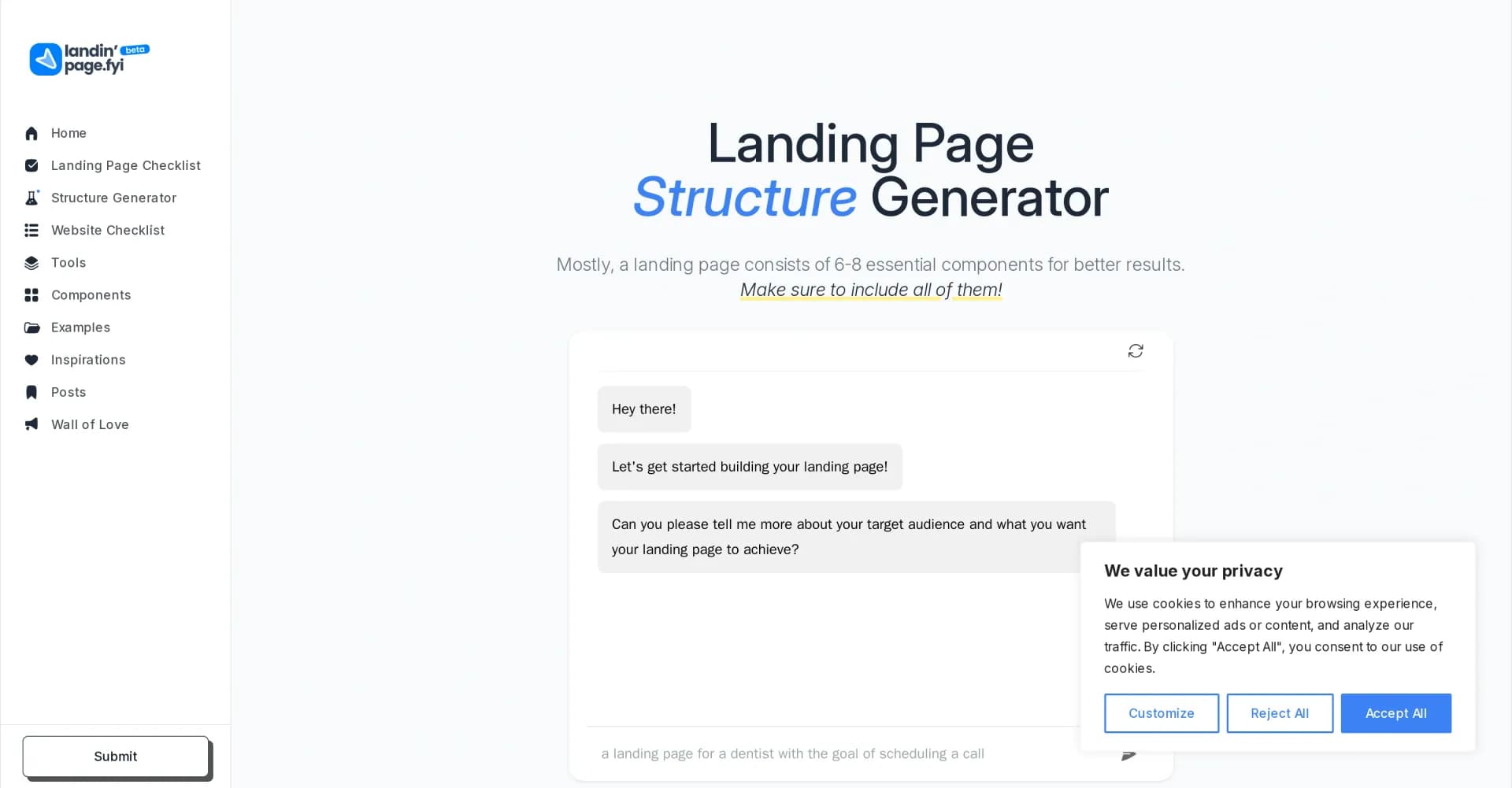 LandingPage.fyi homepage screenshot — Create winning landing page structures instantly