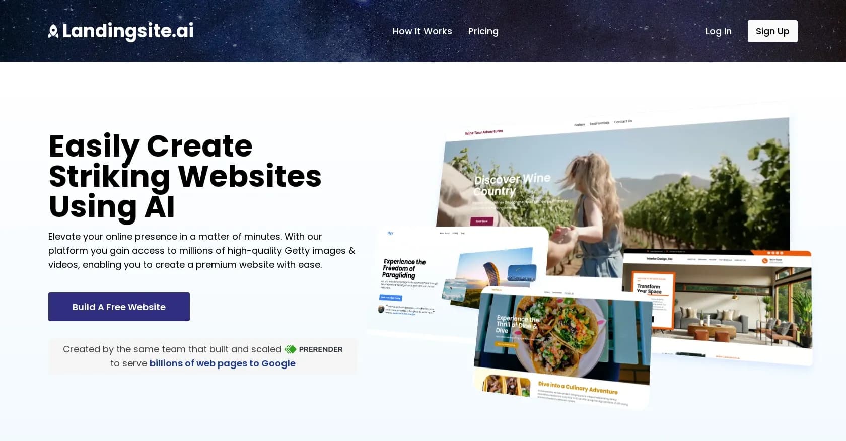 Landingsite homepage screenshot — AI-powered website builder for stunning sites in minutes