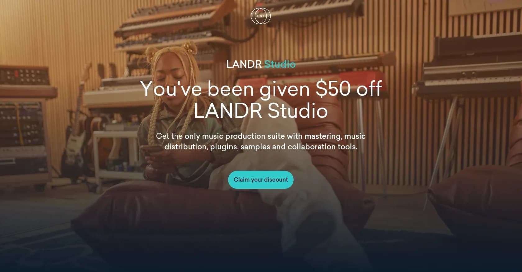 LANDR homepage screenshot — The all-in-one music production suite.