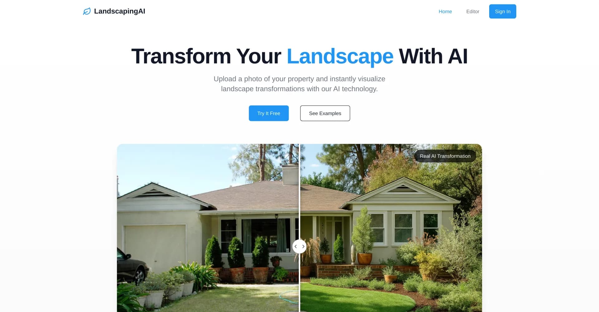 LandscapingAI homepage screenshot — Visualize your dream landscape with AI