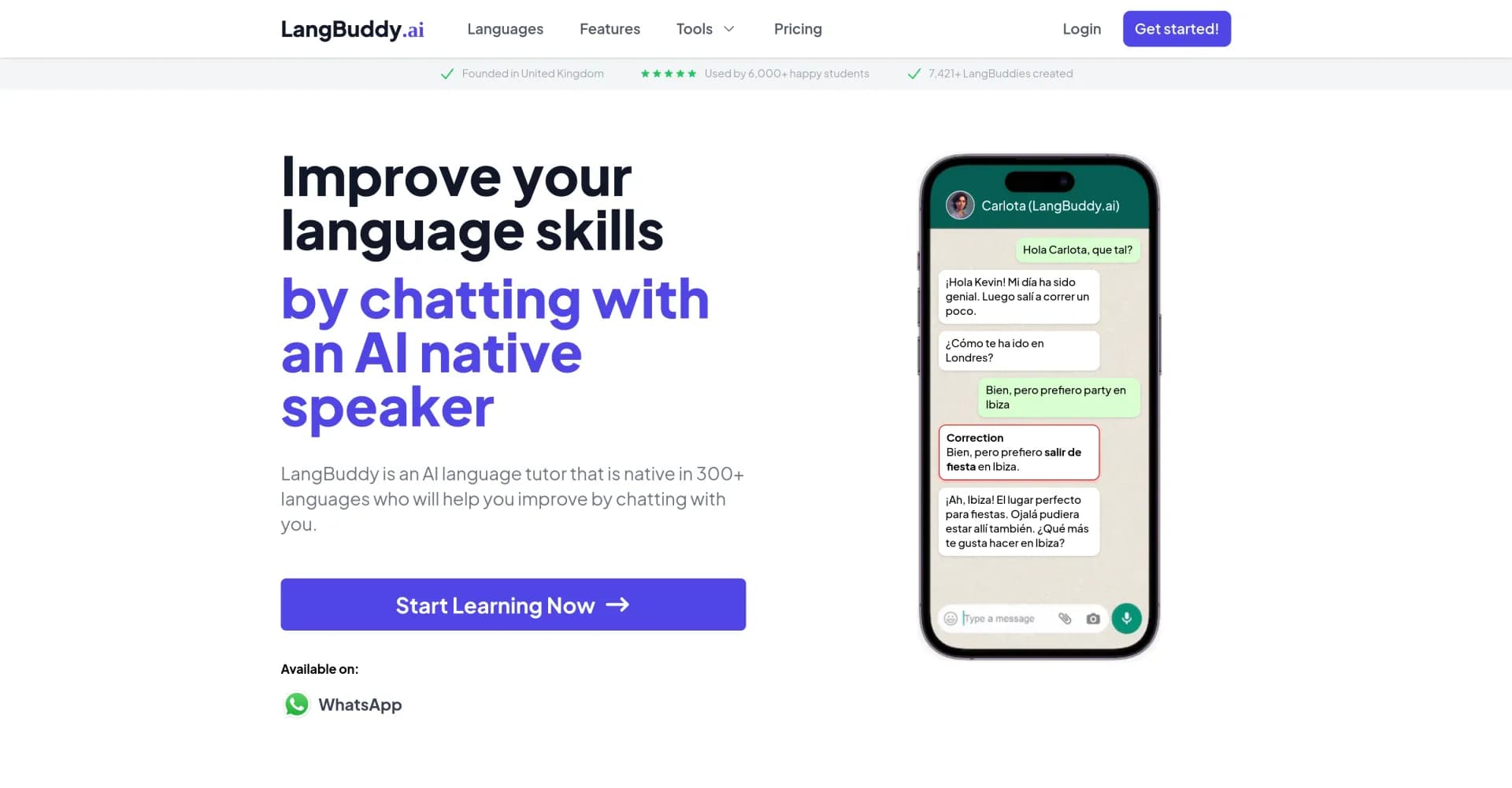 LangBuddy homepage screenshot — Chat with AI natives to improve language skills.