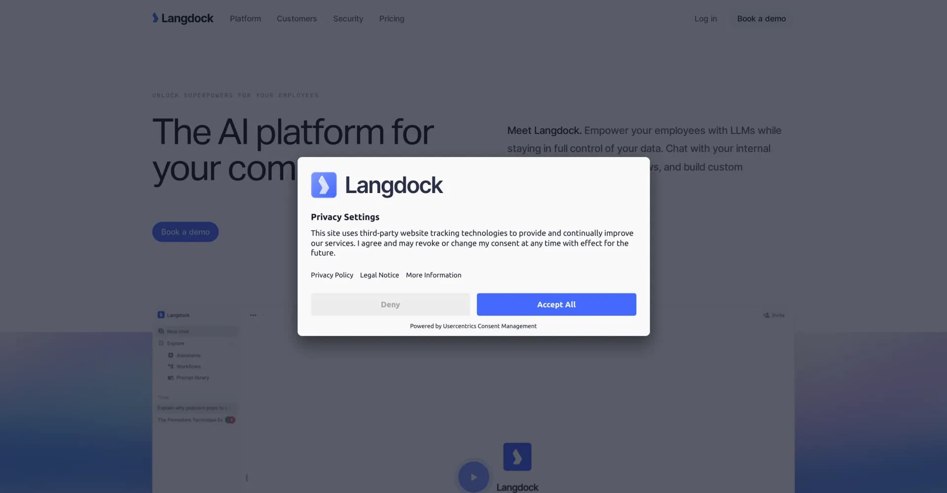 Langdock homepage screenshot — Empower employees with AI, control your data