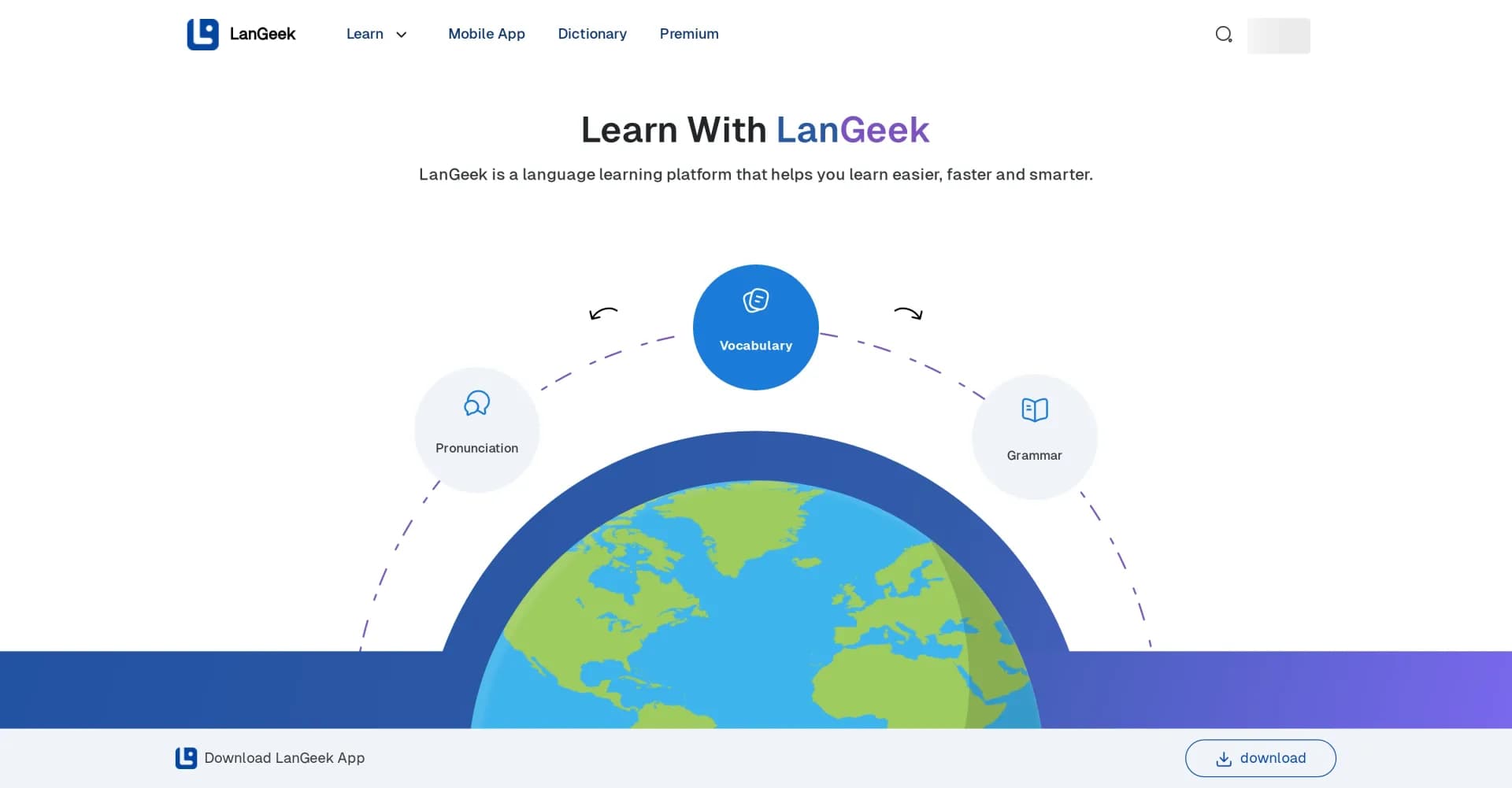 LanGeek homepage screenshot — Learn languages easier, faster, smarter.