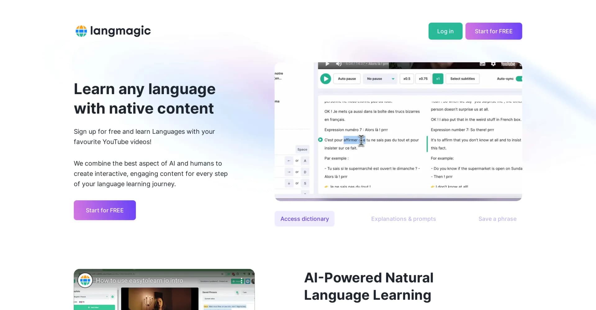 LangMagic homepage screenshot — Learn languages from YouTube videos with AI assistance.
