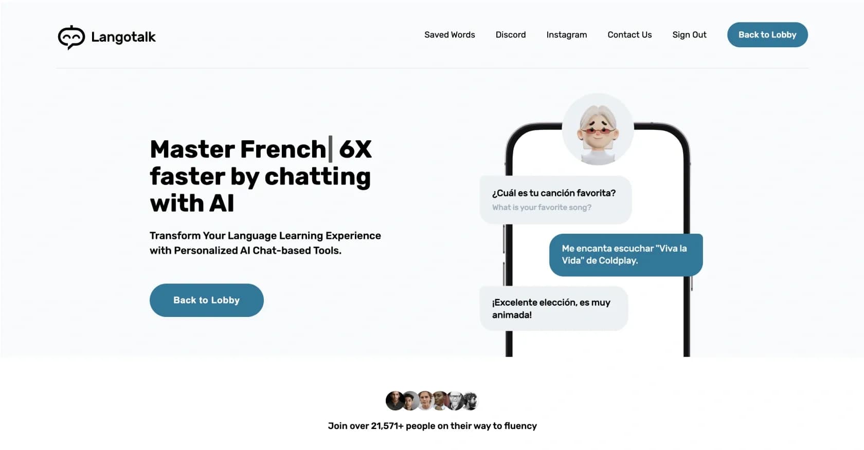Langotalk homepage screenshot — Master languages 6x faster by chatting with AI