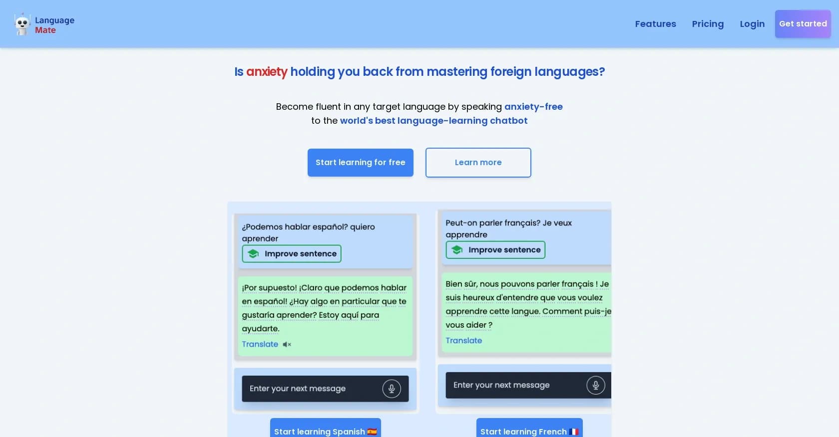 LanguageMate homepage screenshot — Master foreign languages through anxiety-free conversation.