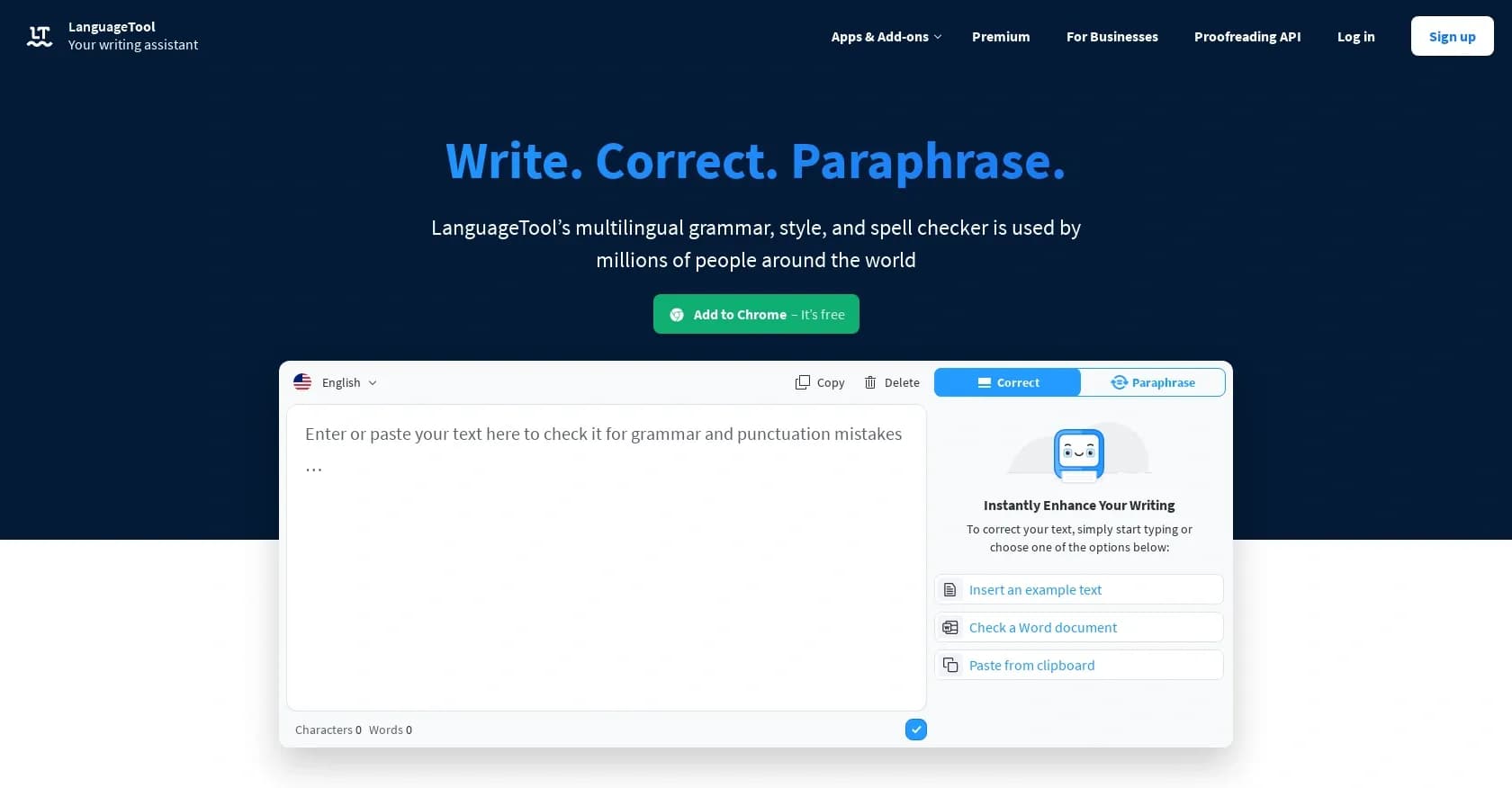 LanguageTool homepage screenshot — Instantly check grammar and style in 30+ languages.