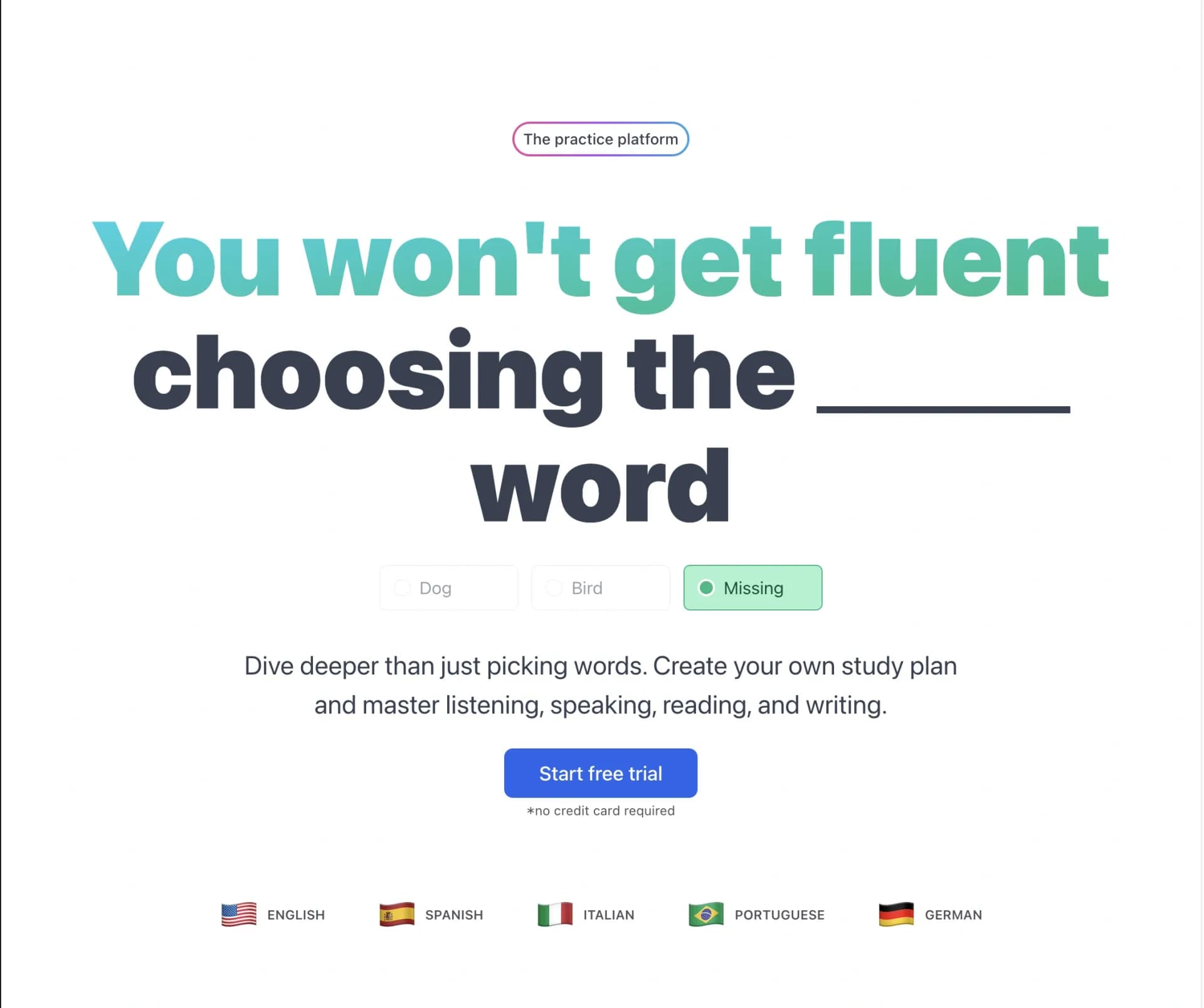 Languate homepage screenshot — Practice speaking, reading, writing and listening and improv