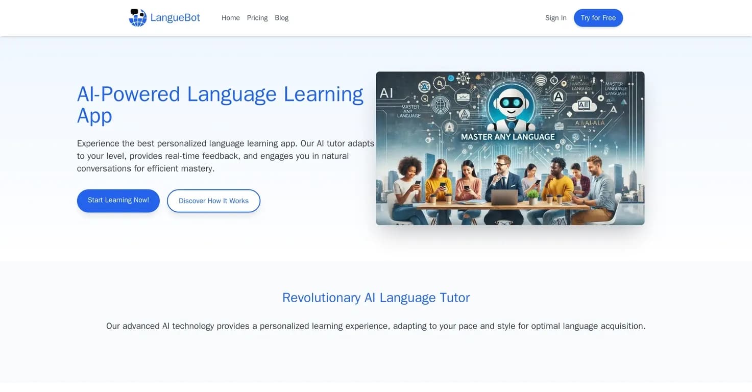 LangueBot homepage screenshot — Master any language with AI-powered learning
