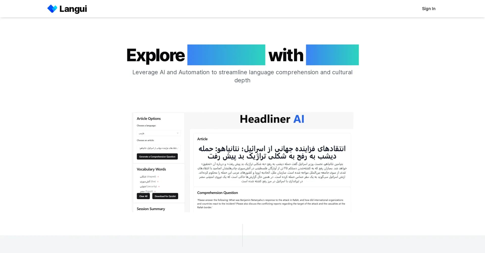 Langui homepage screenshot — AI-powered language learning companion