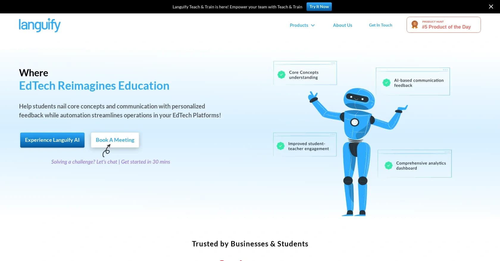 Languify homepage screenshot — AI-driven EdTech solutions to reimagine education