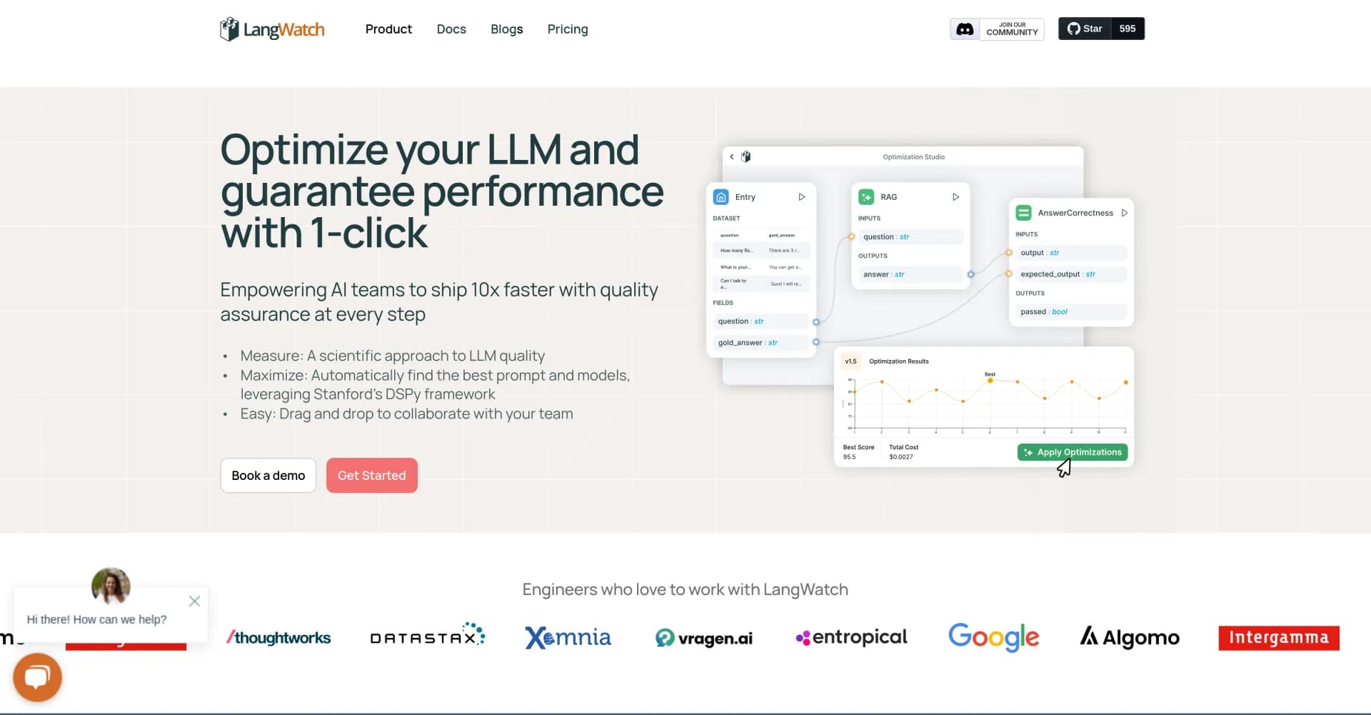 LangWatch homepage screenshot — Optimize LLM performance with one click.