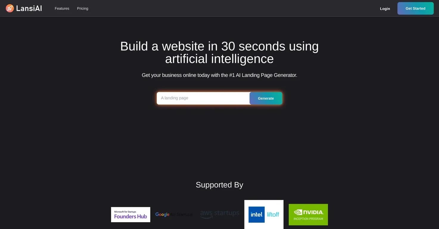 LansiAI homepage screenshot — AI-powered website creation in seconds.