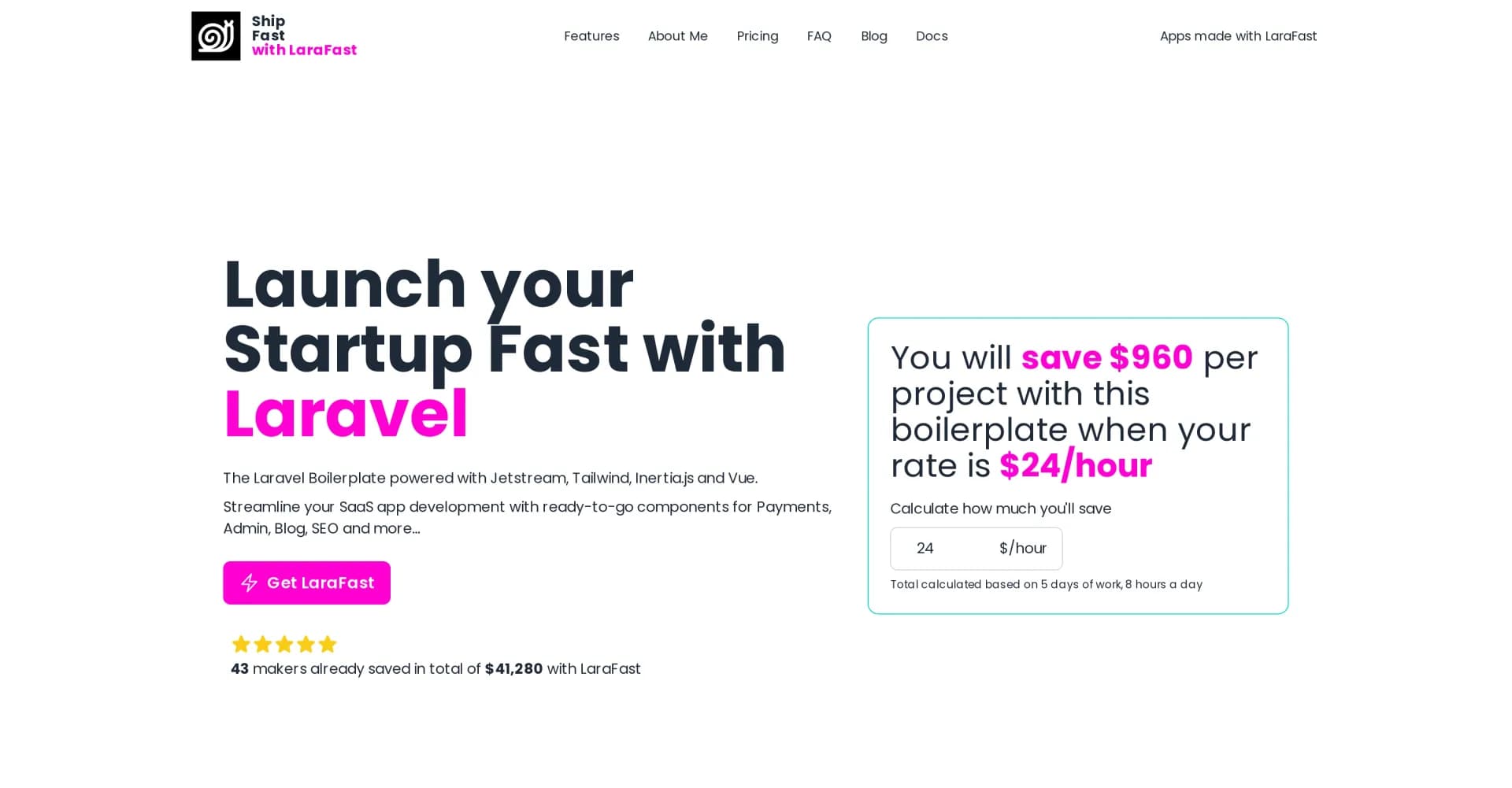 LaraFast homepage screenshot — Accelerate Laravel startup development with ready-made compo