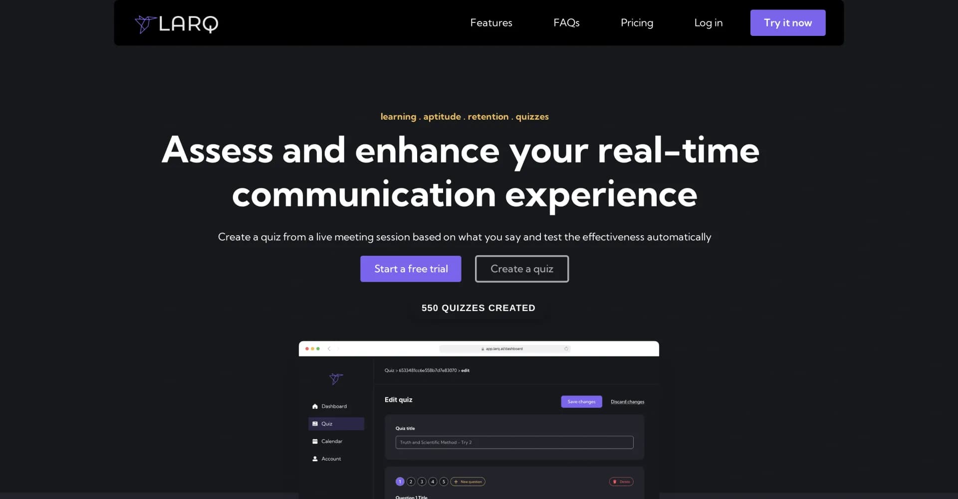 Larq homepage screenshot — AI-powered quizzes from live meetings and videos