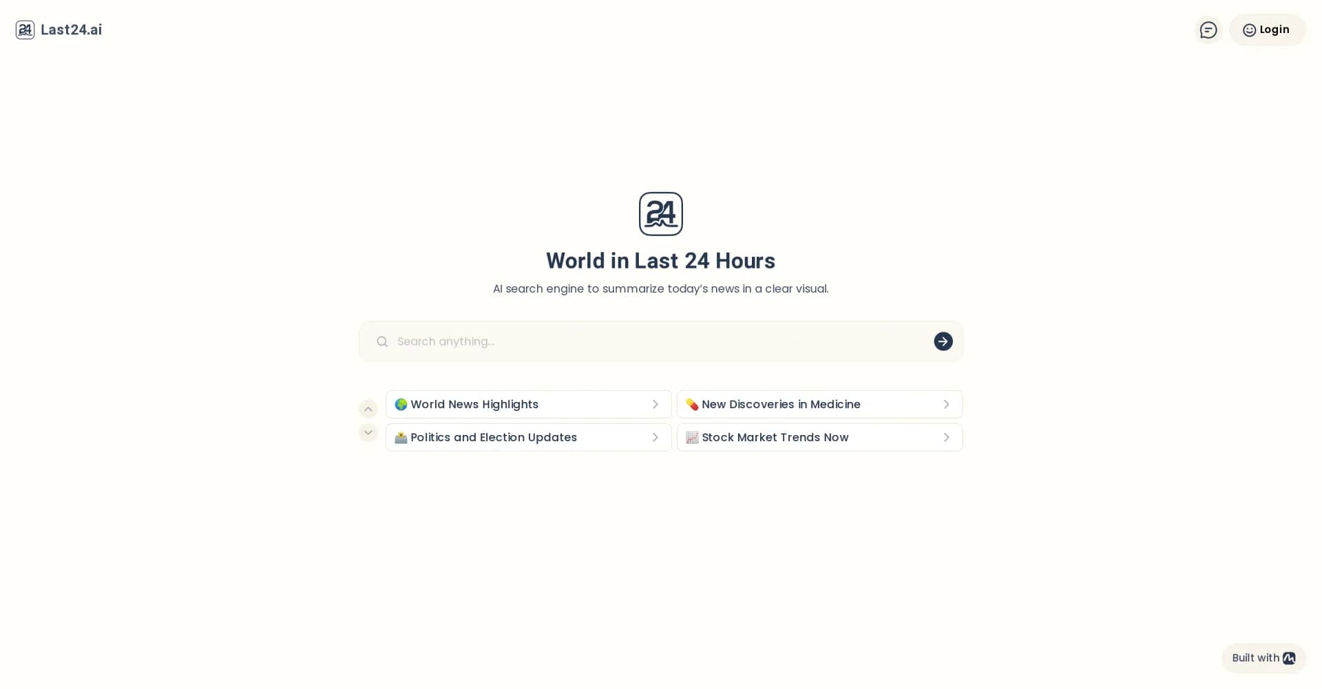 Last24.ai homepage screenshot — Visualize today's news in a clear AI summary.