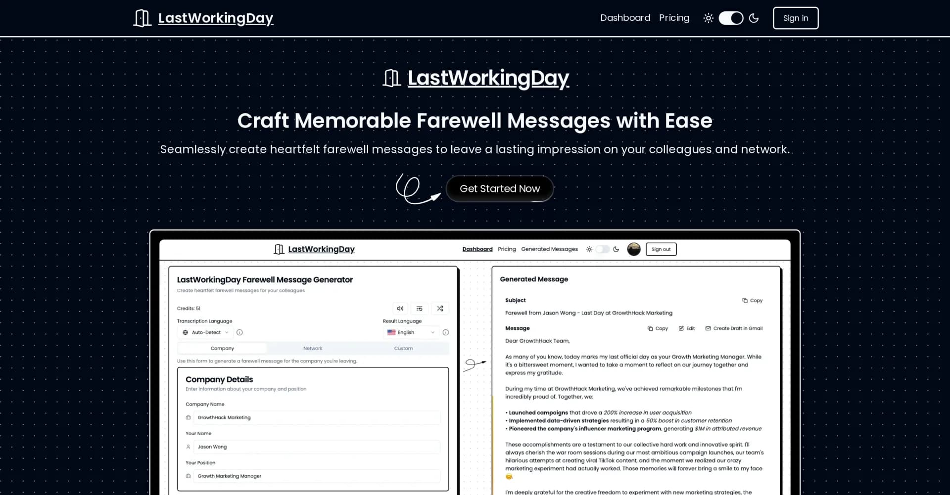 LastWorkingDay homepage screenshot — Generate heartfelt farewell messages instantly