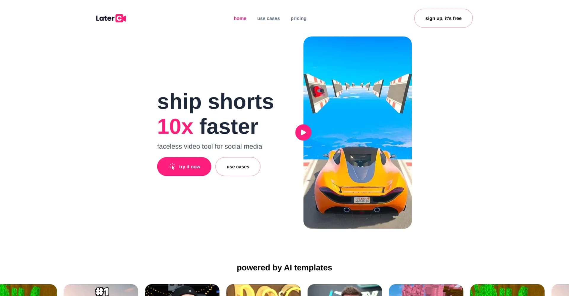 Latercut homepage screenshot — Ship shorts 10x faster with AI-powered video tools