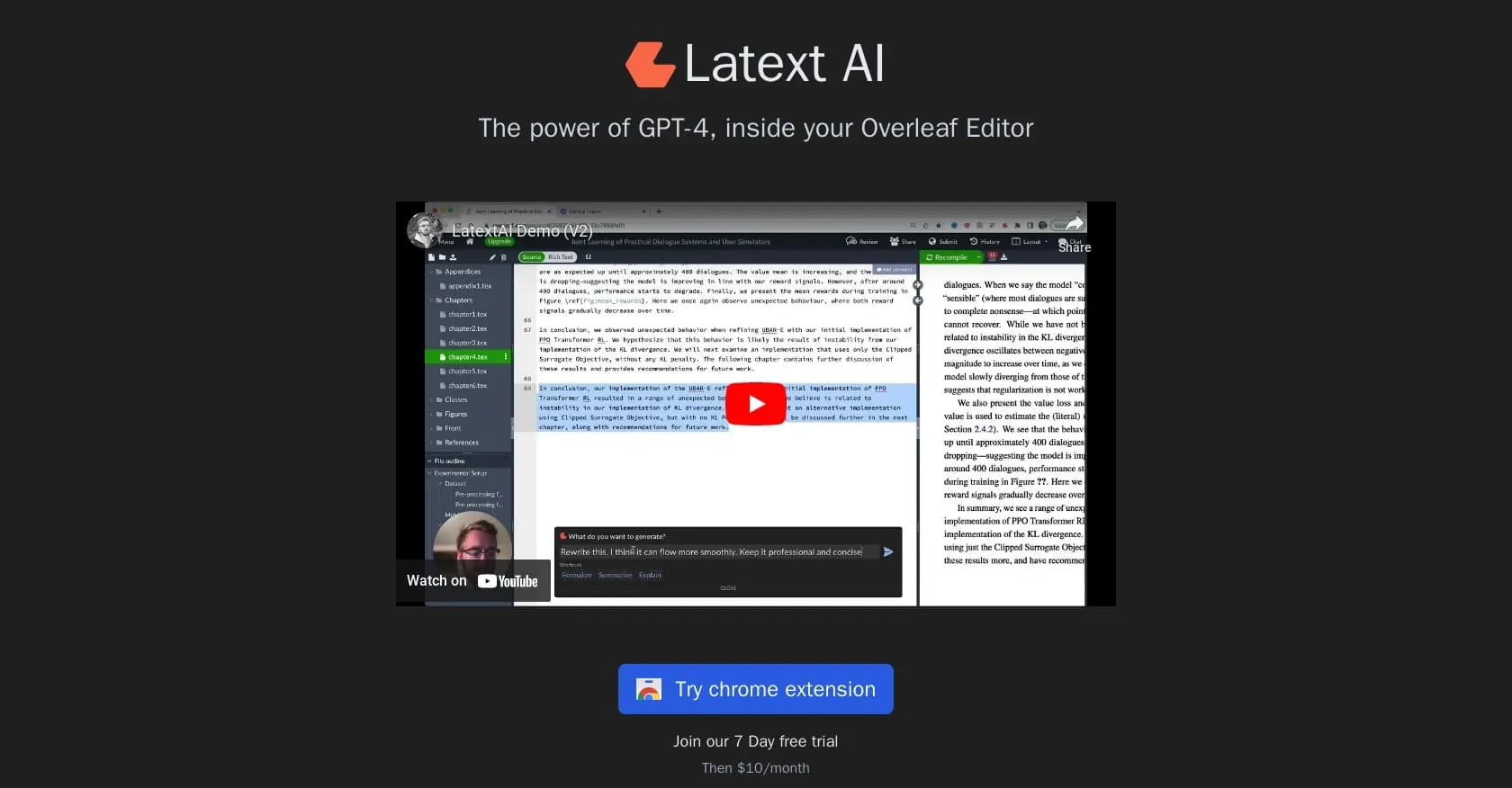 LatextAI homepage screenshot — Supercharge Overleaf with GPT-4 power