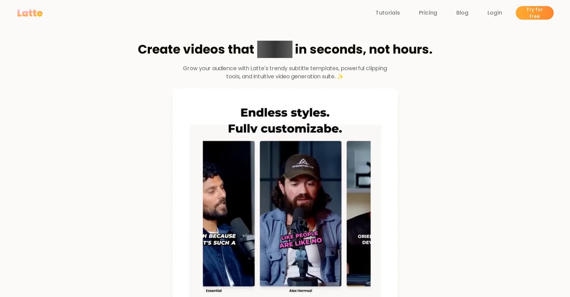 Latte homepage screenshot — Create jaw-dropping videos in seconds.