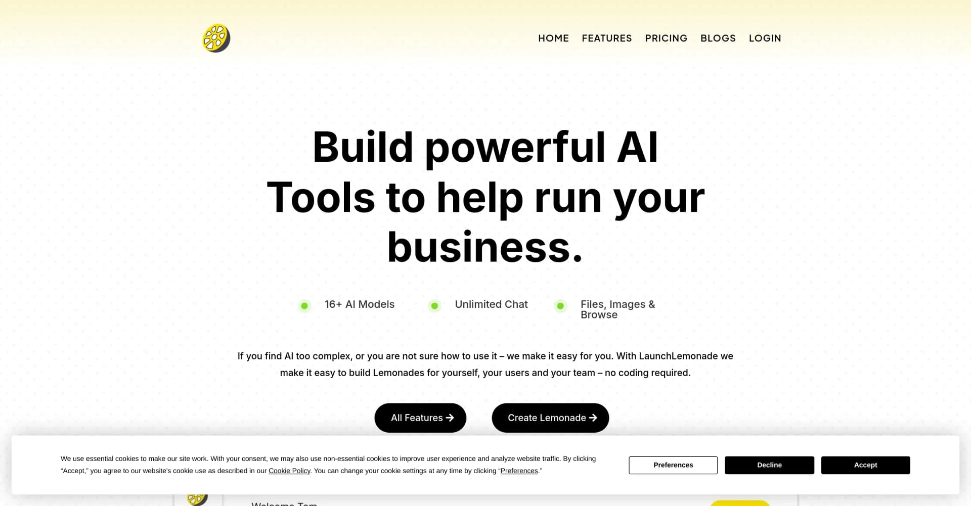 LaunchLemonade homepage screenshot — Build AI assistants effortlessly for your business.