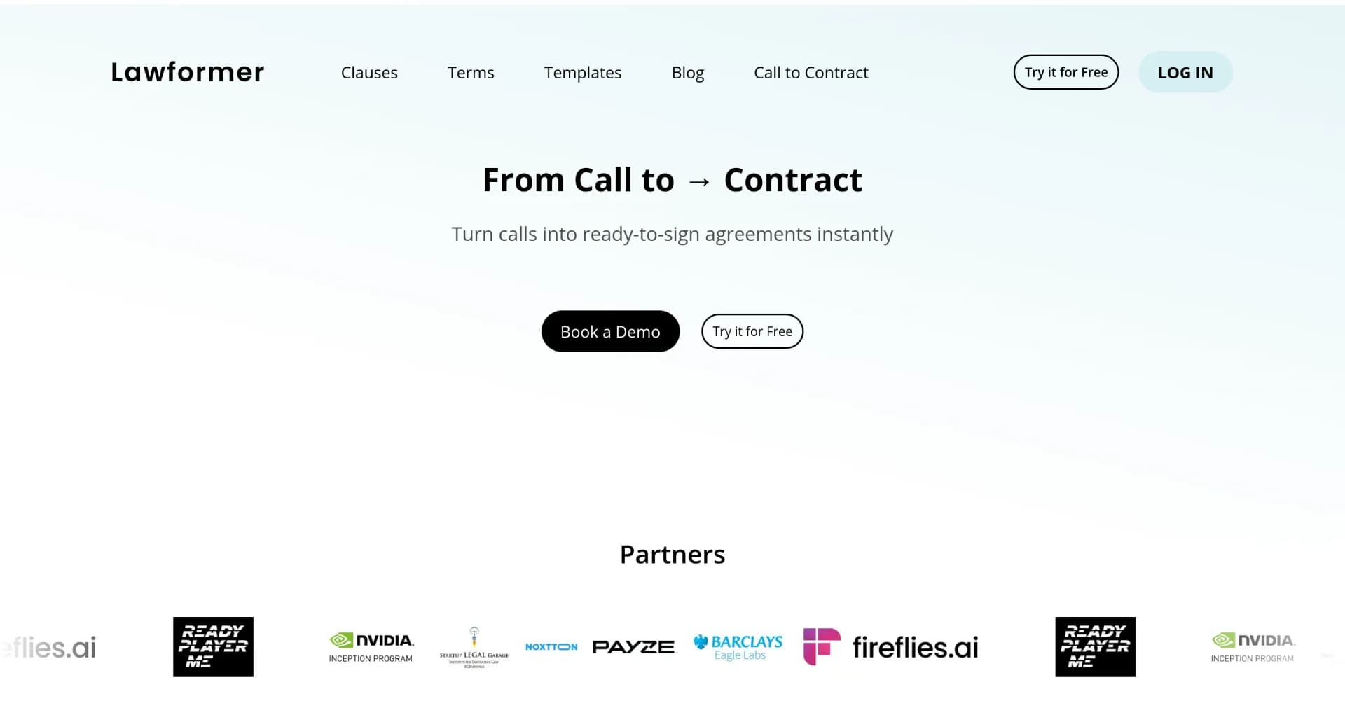 Lawformer homepage screenshot — Turn calls into instant, ready-to-sign agreements