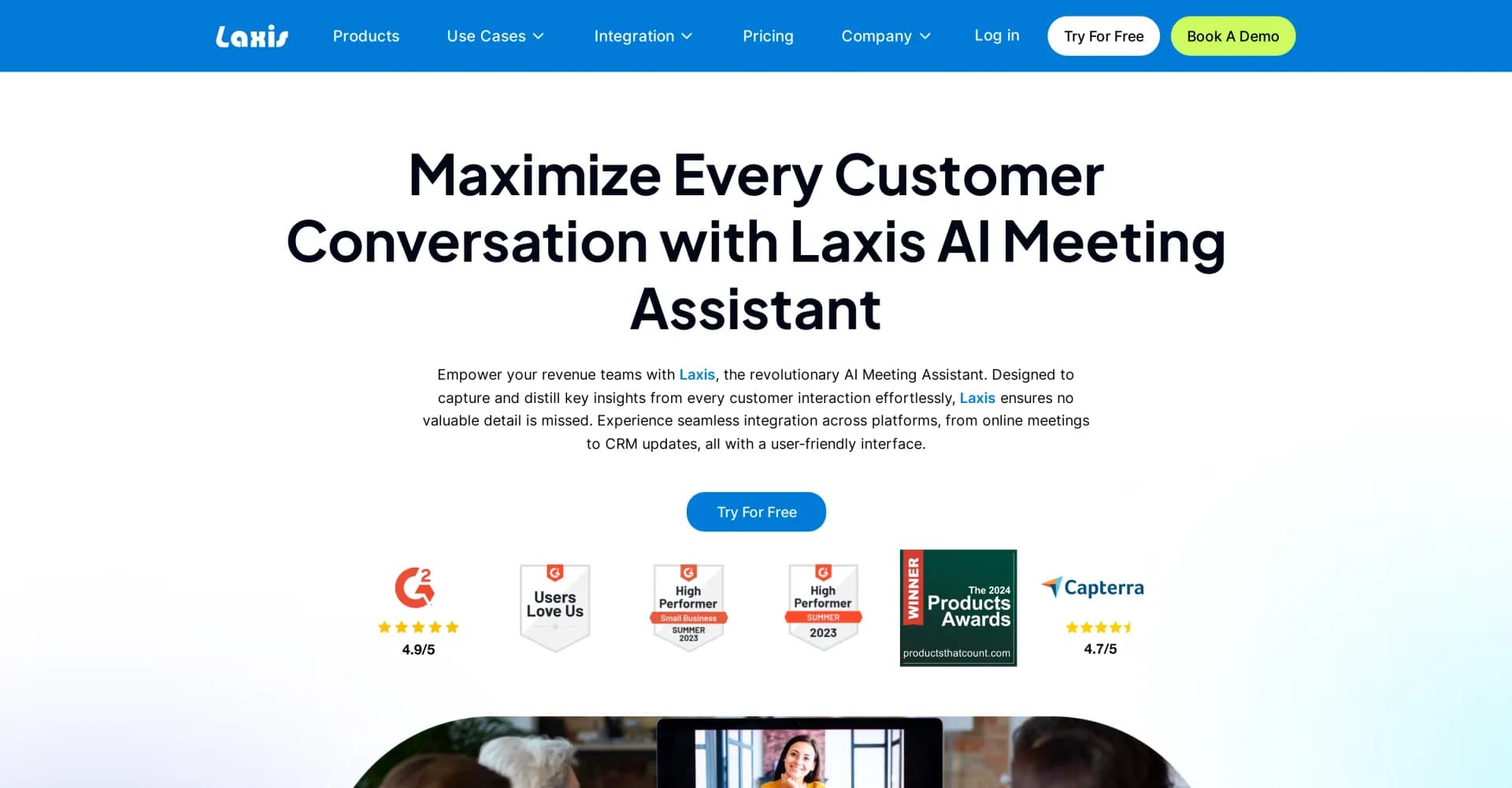 Laxis 2.0 homepage screenshot — AI meeting assistant for revenue teams