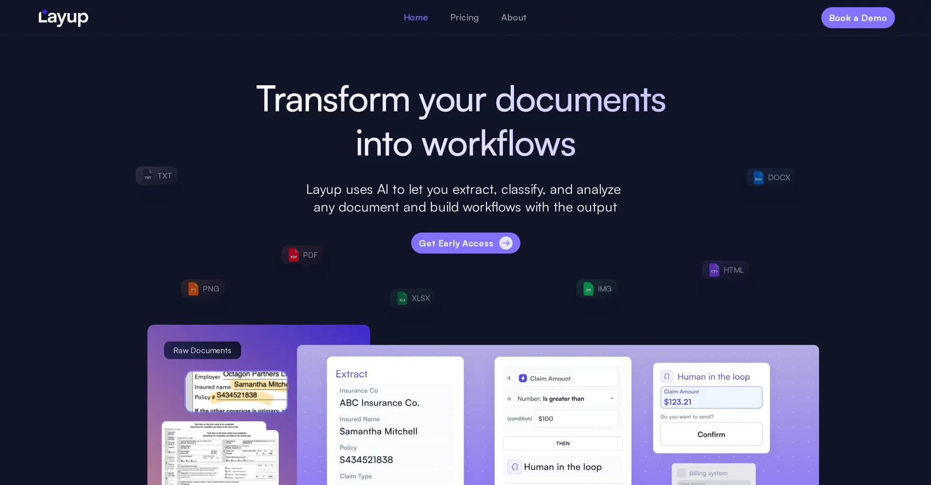 Layup homepage screenshot — Transform documents into actionable workflows with AI