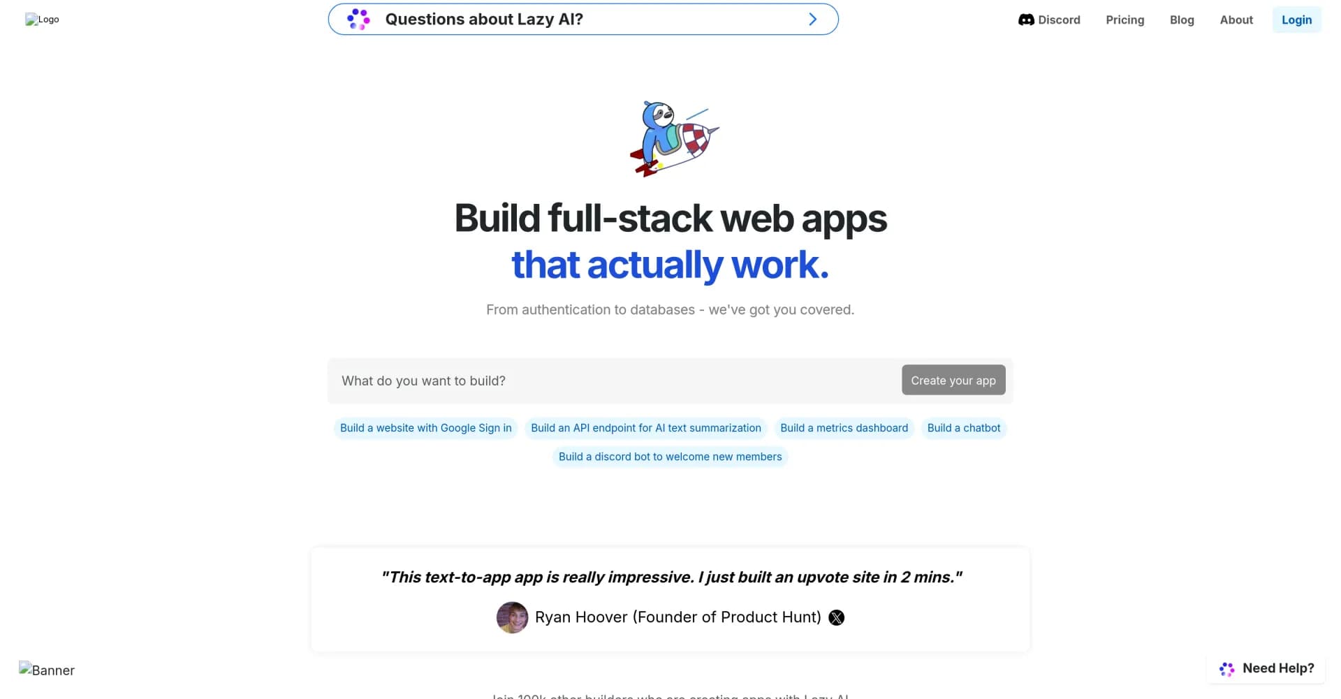 Lazy AI homepage screenshot — Build full-stack web apps effortlessly