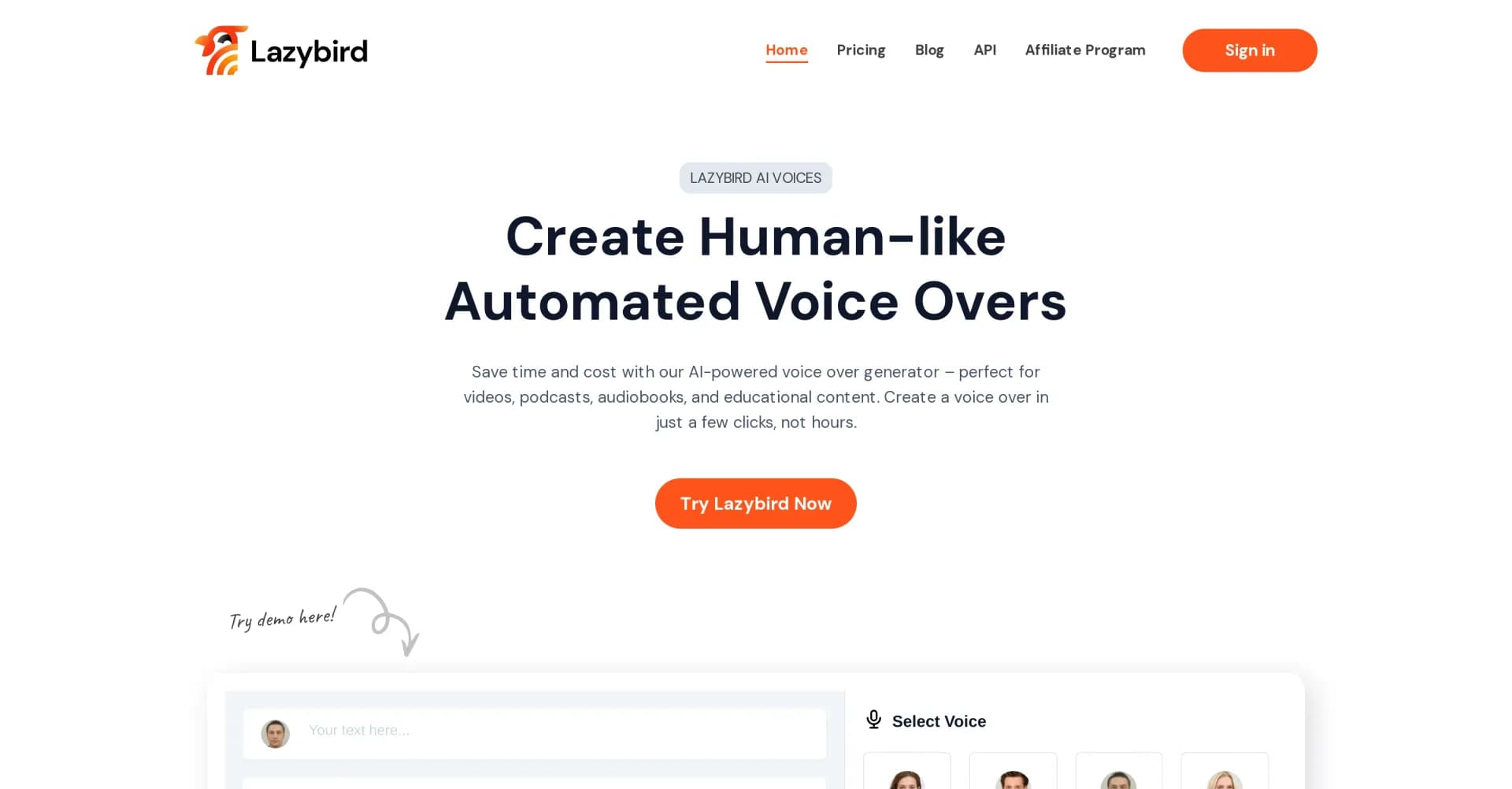 Lazybird homepage screenshot — Create human-like automated voice overs effortlessly.