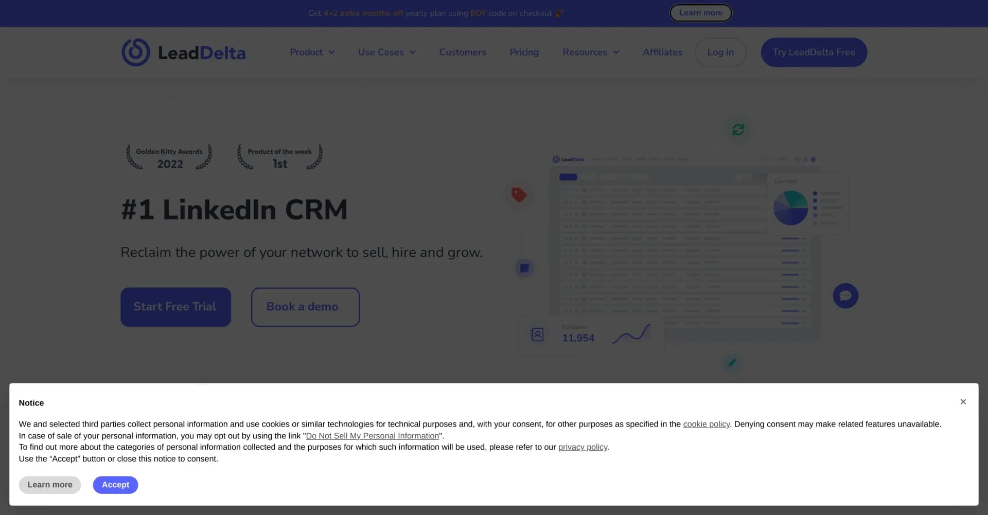 LeadDelta homepage screenshot — Supercharge your LinkedIn network management.