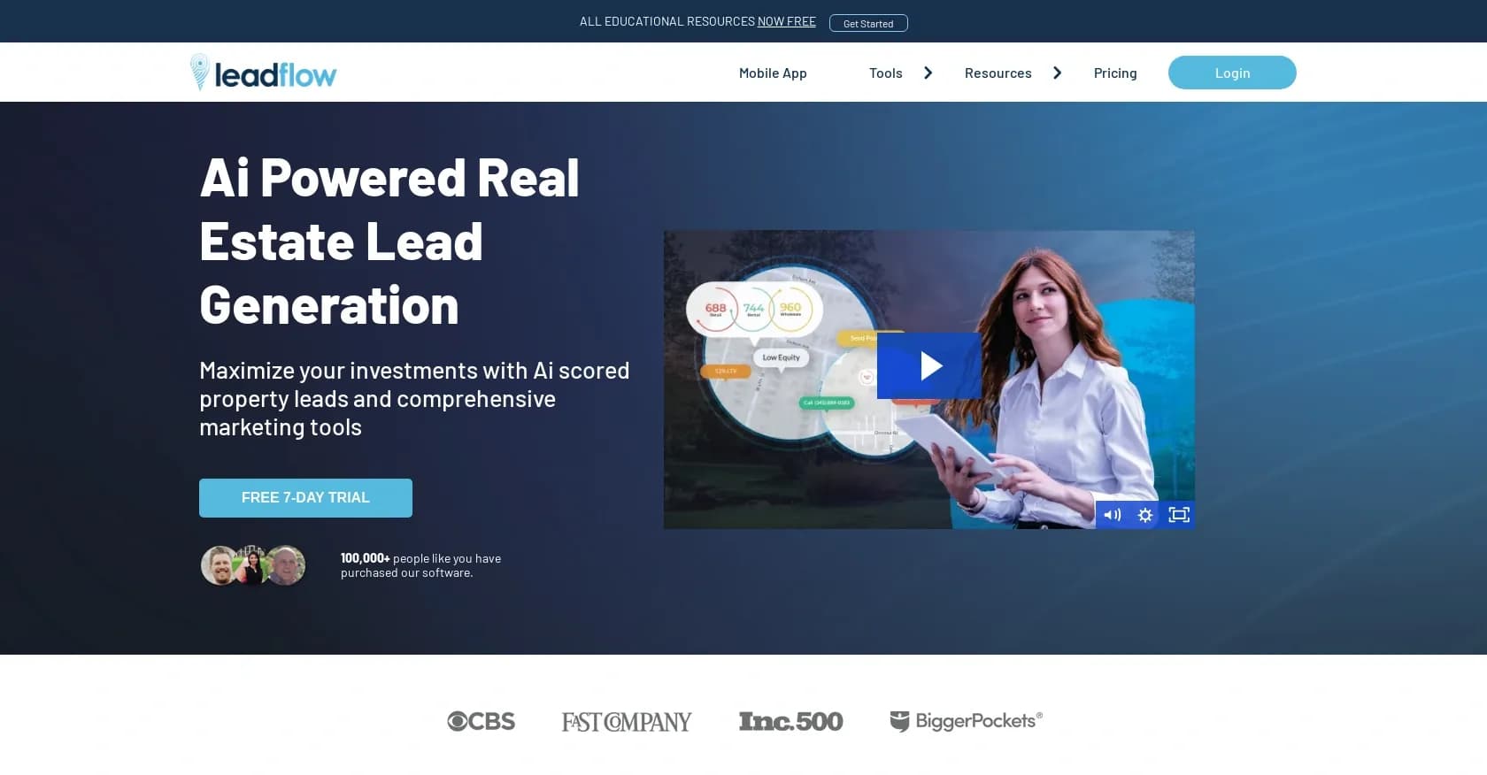 Leadflow homepage screenshot — AI-powered lead generator for real estate investors.