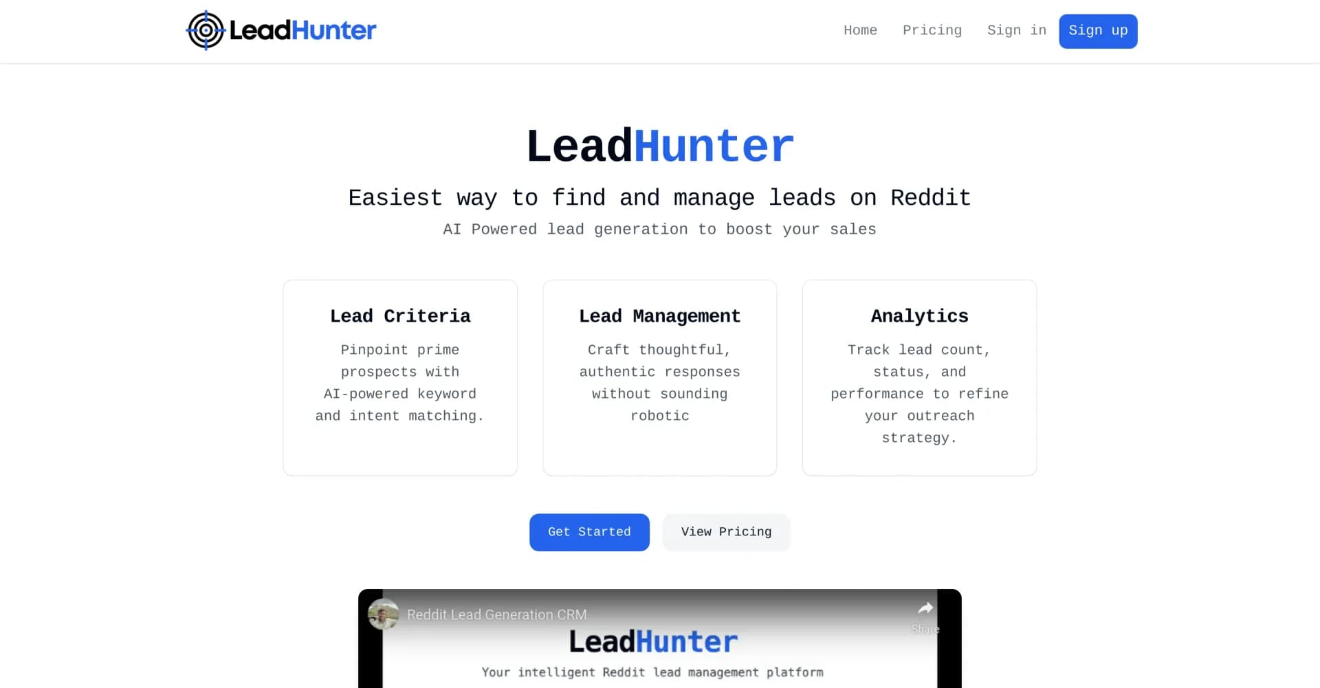LeadHunter homepage screenshot — AI-powered Reddit lead generation for sales growth