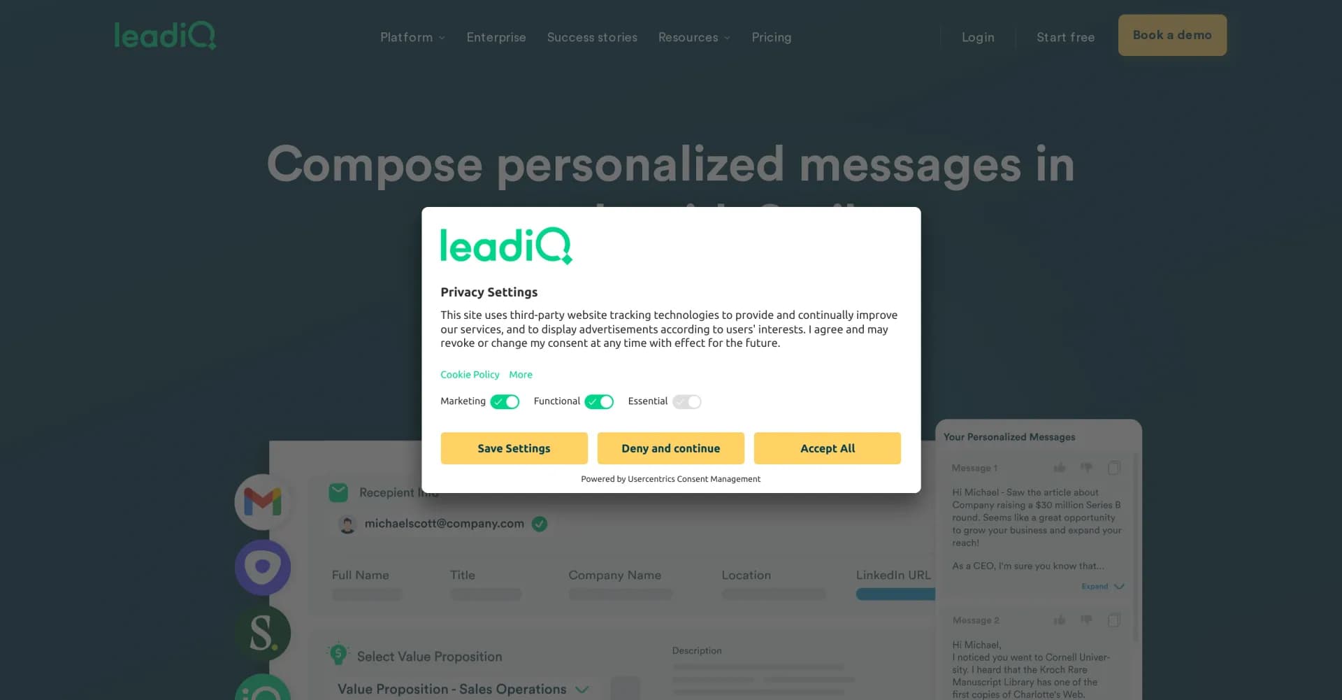 LeadIQ homepage screenshot — AI-powered email generation for B2B sales teams.