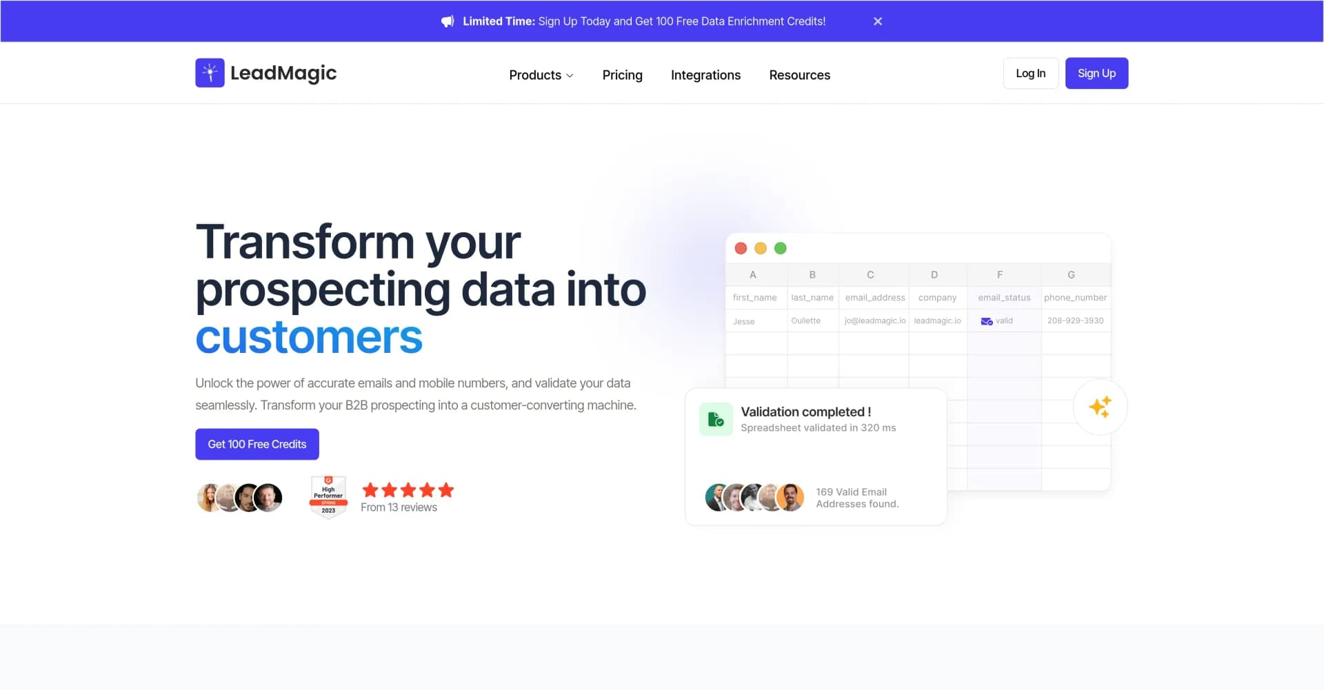 LeadMagic homepage screenshot — Transform prospecting data into customers