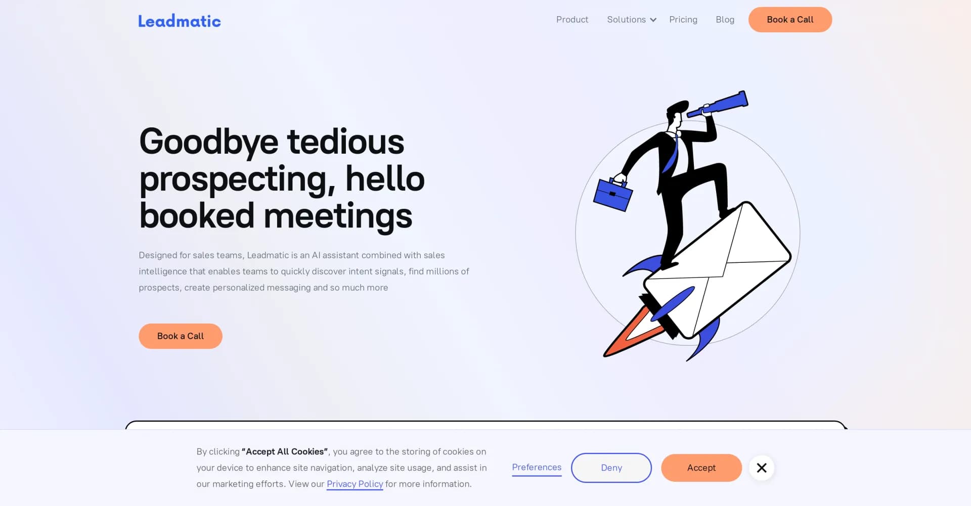 Leadmatic homepage screenshot — AI-powered sales assistant for smarter prospecting and booki