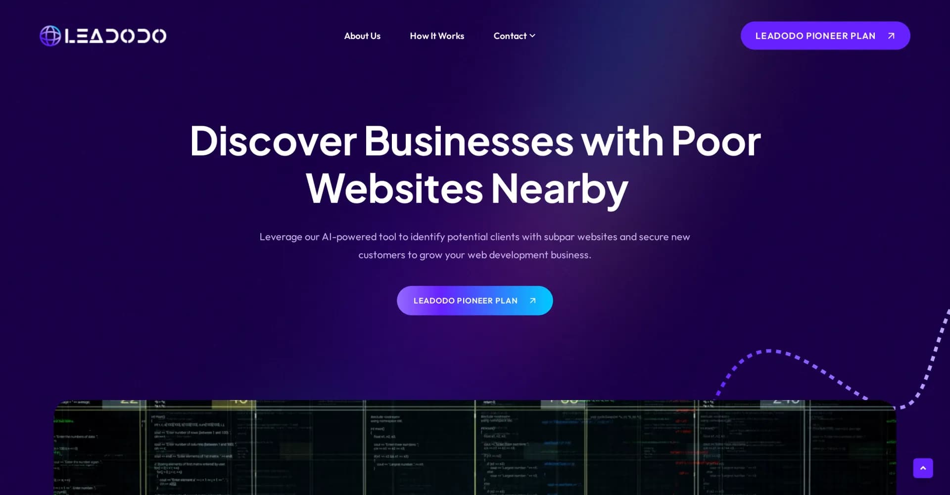 Leadodo homepage screenshot — AI-powered lead generation for web developers