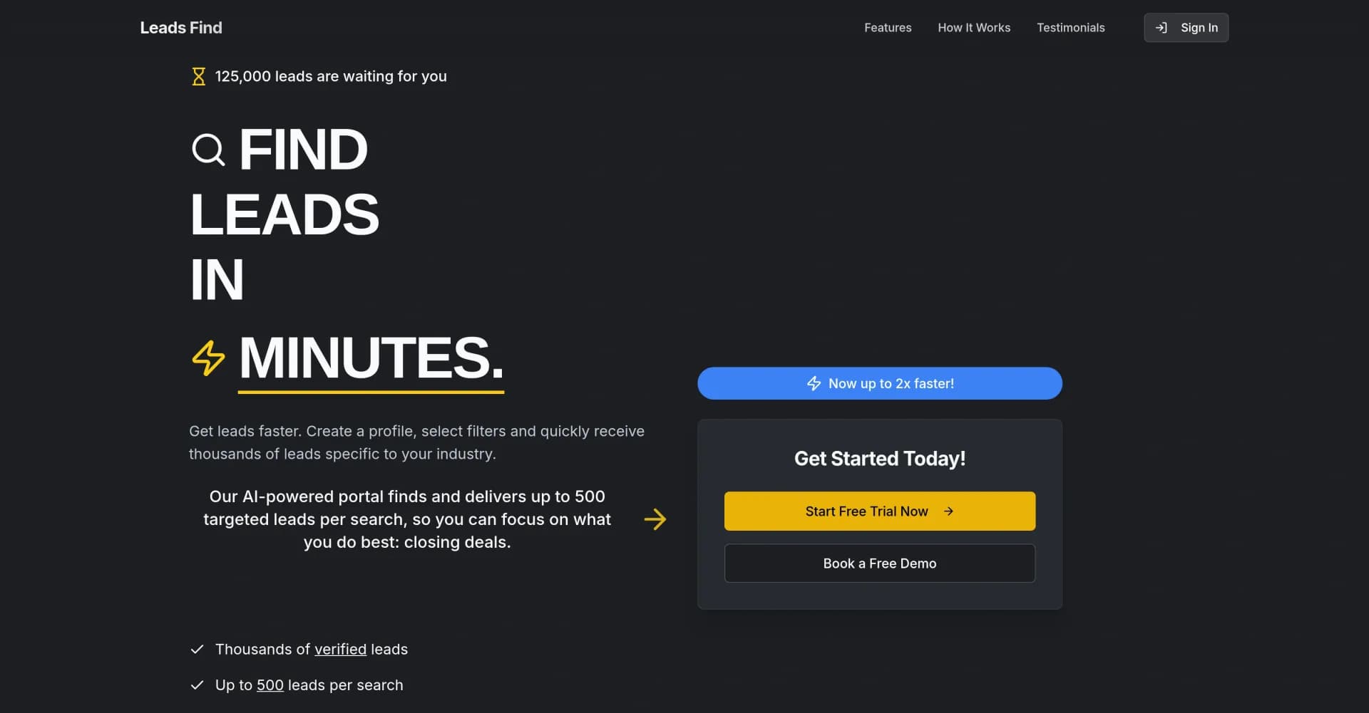 Leads Find homepage screenshot — Find Leads in Minutes