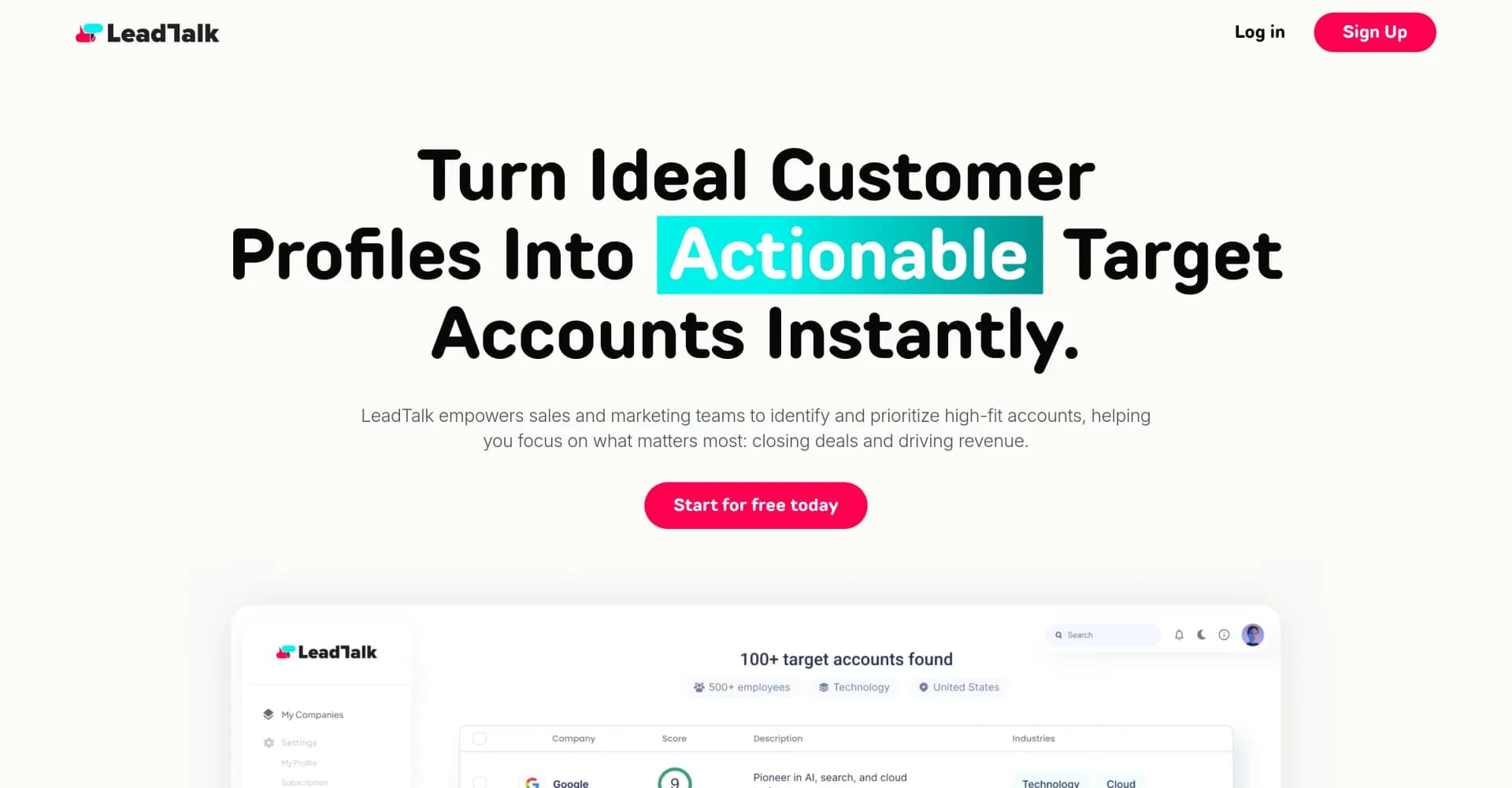 LeadTalk homepage screenshot — Turn ICPs into actionable target accounts instantly.