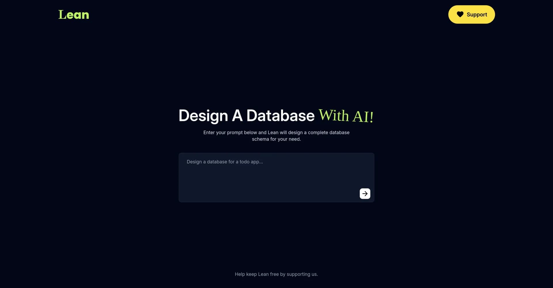 Lean homepage screenshot — Design databases with AI in seconds.