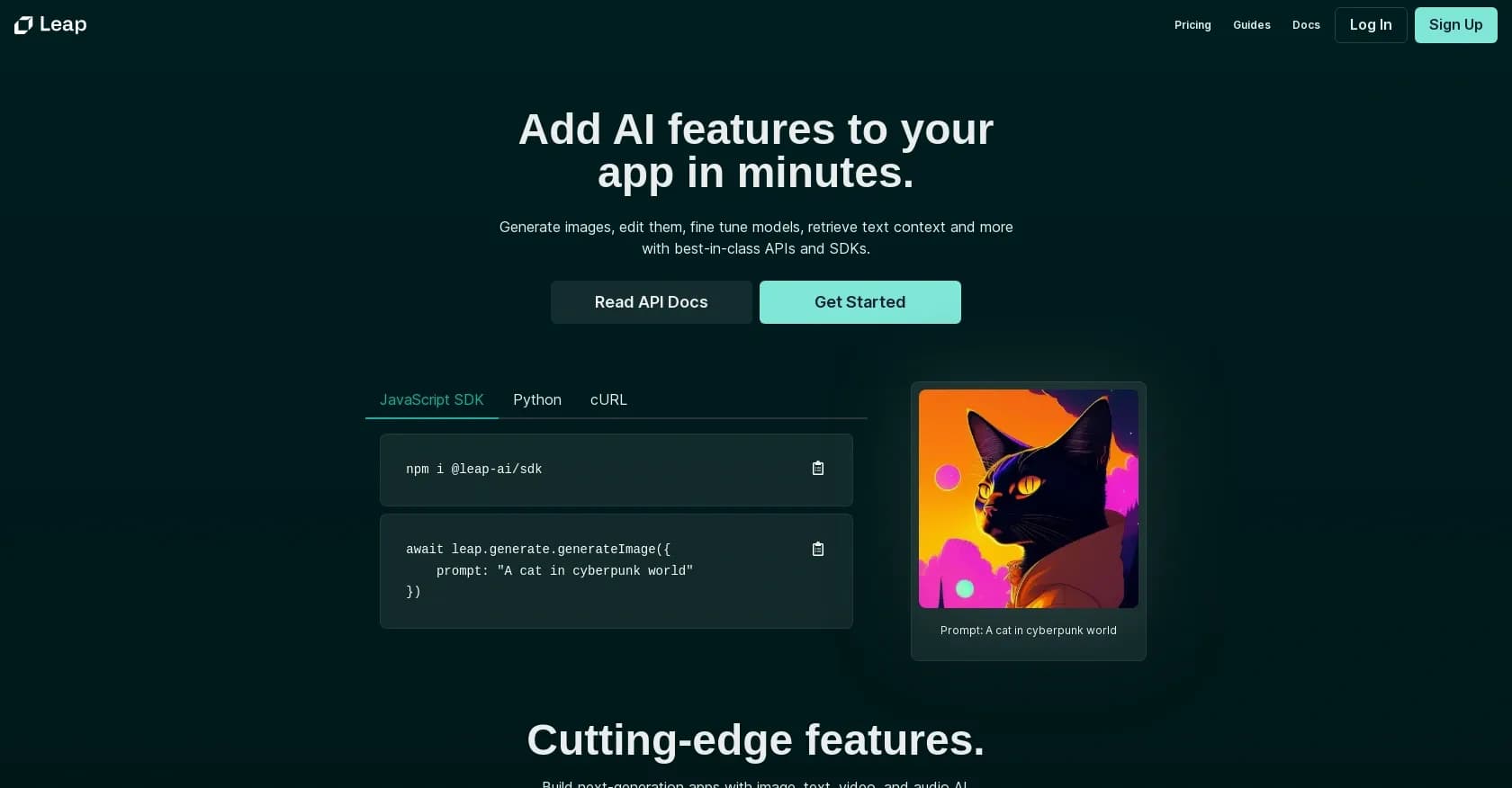 Leap homepage screenshot — Generated & edited images via APIs & SDKs.
