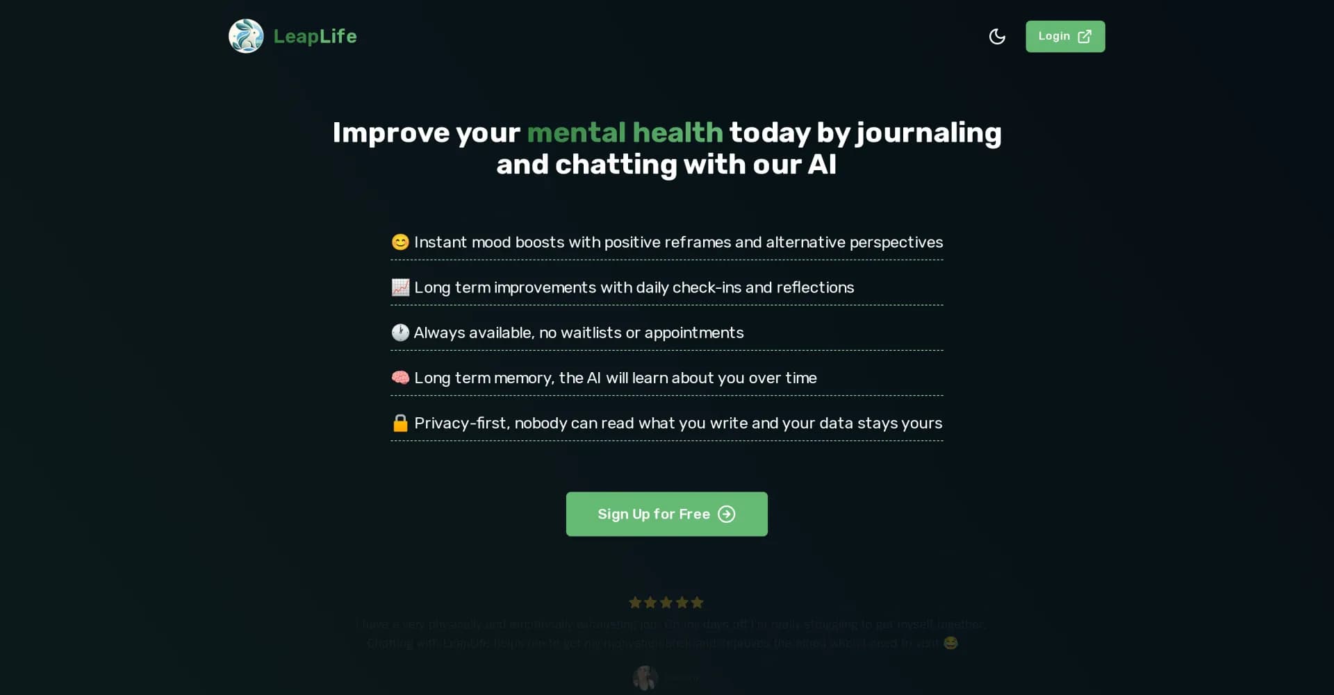 LeapLife homepage screenshot — Improve your mental health today by journaling and chatting 
