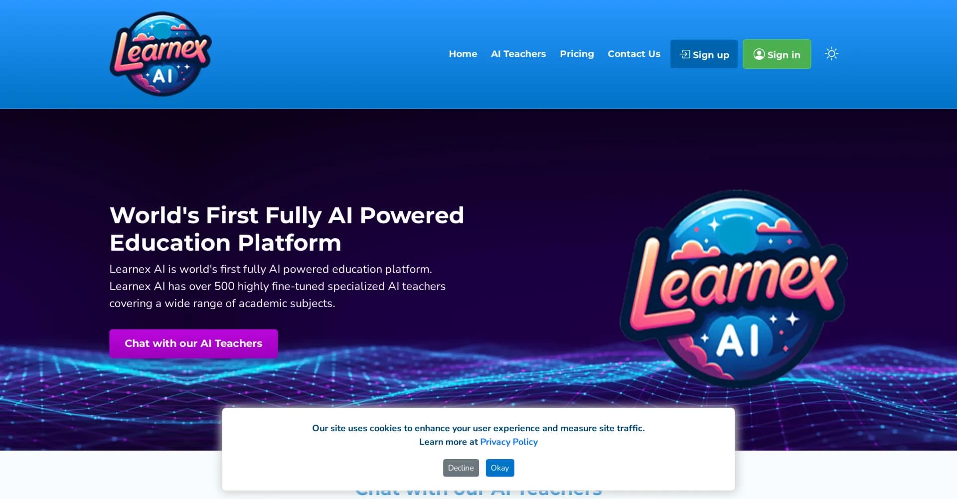 Learnex AI homepage screenshot — Fully AI-powered education with specialized AI teachers