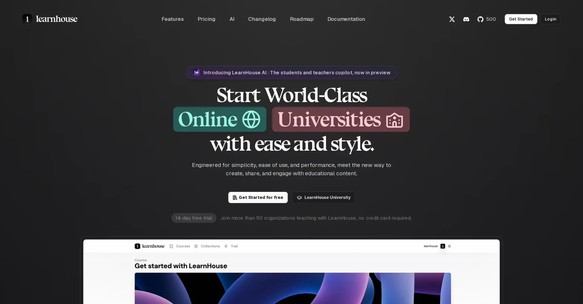 LearnHouse homepage screenshot — Empower everyone to teach and learn online.