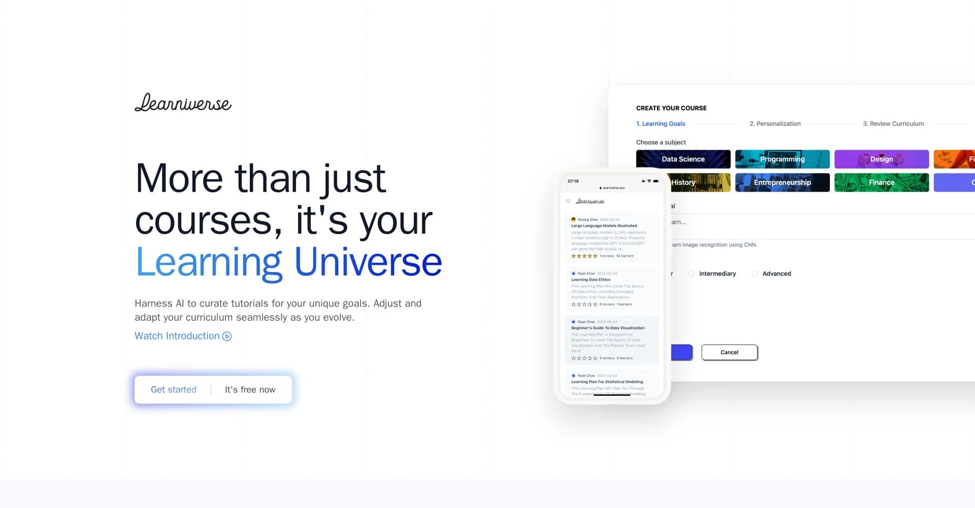 Learniverse homepage screenshot — AI-curated learning paths for your unique goals