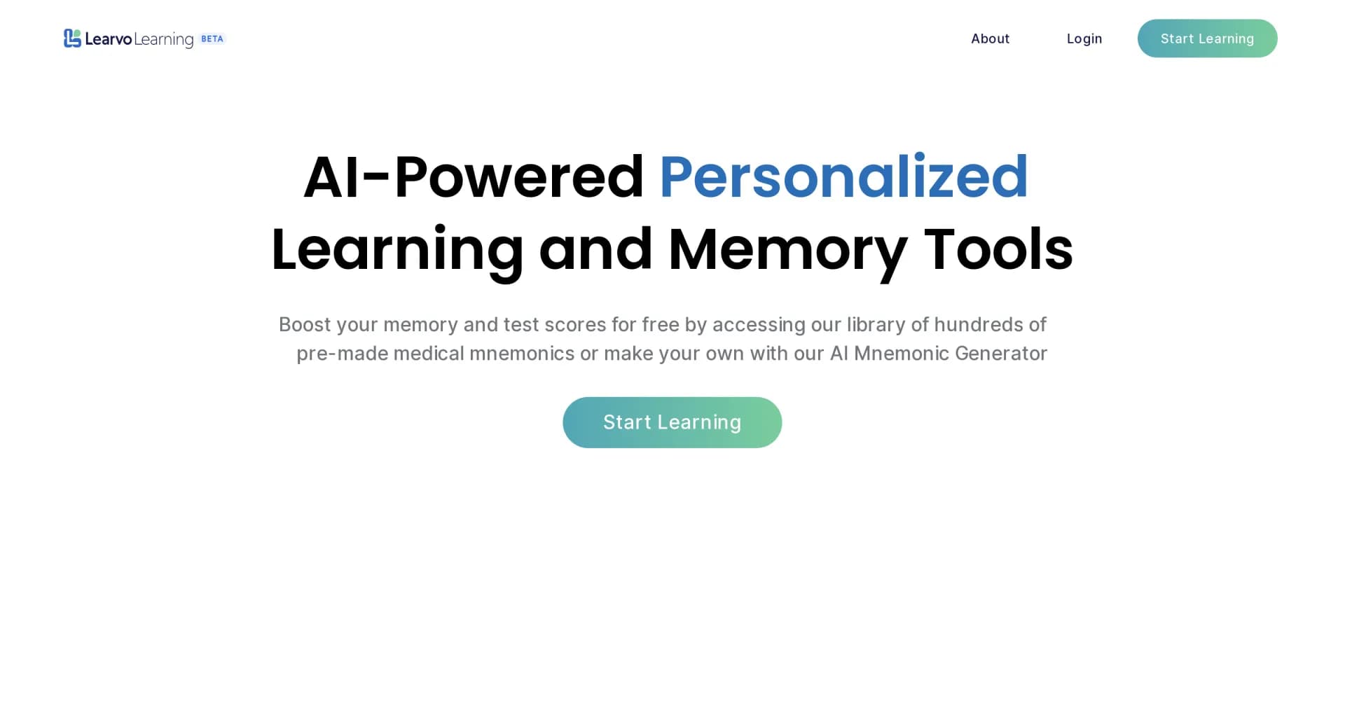 Learvo homepage screenshot — AI-powered mnemonics for effortless learning.