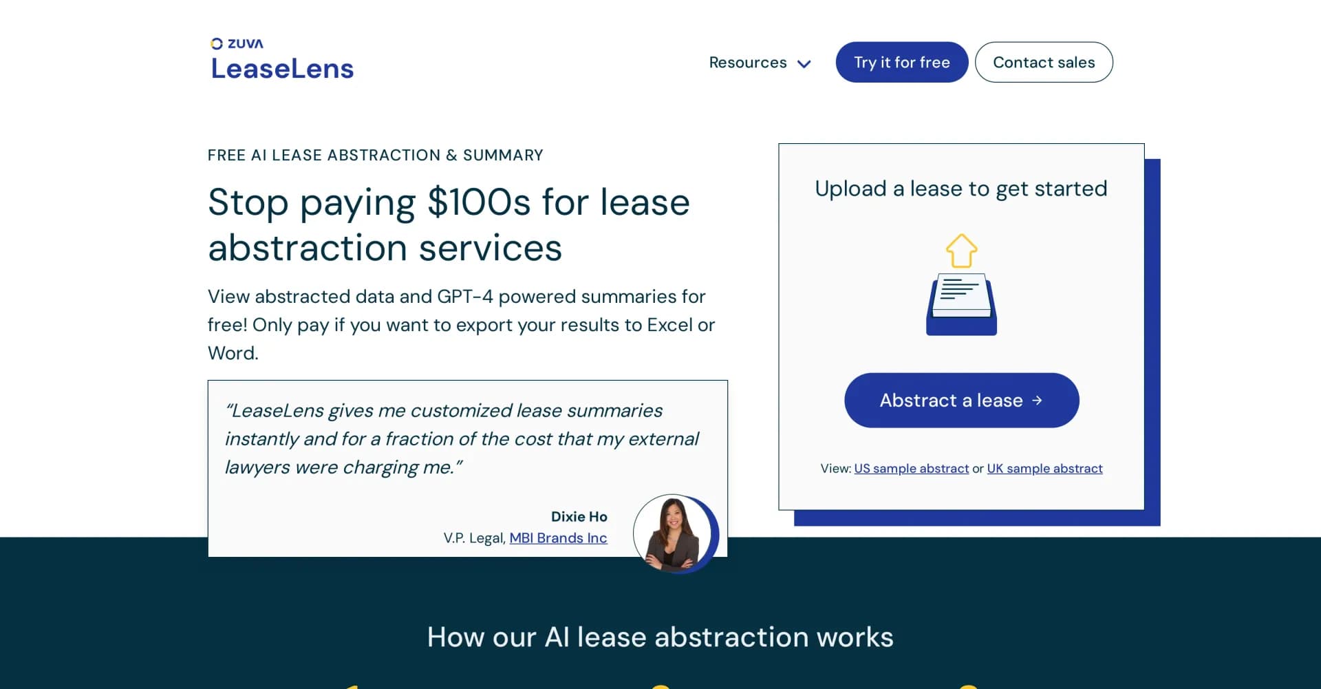 LeaseLens homepage screenshot — Free AI lease abstraction and summaries in minutes