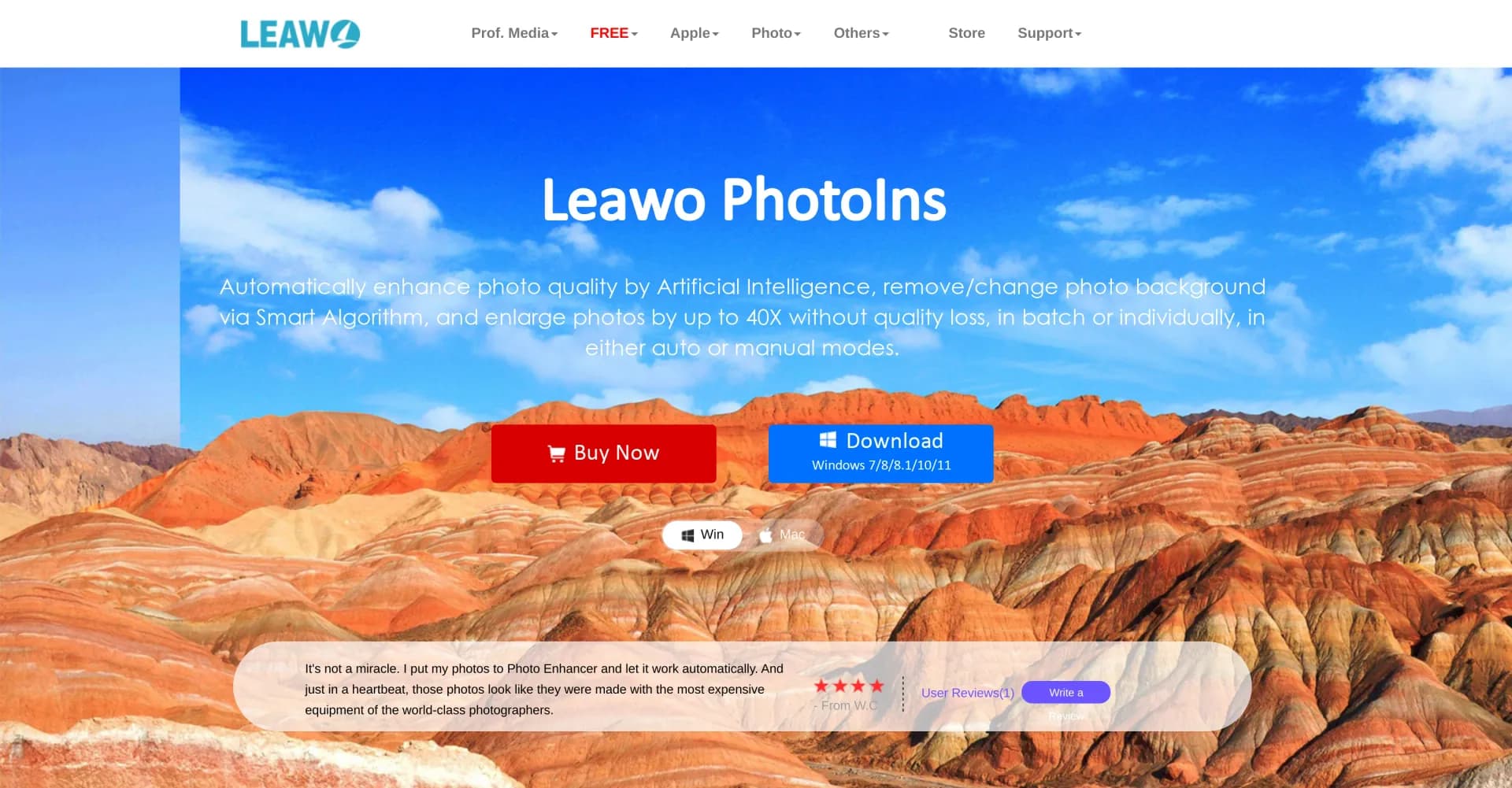 Leawo PhotoIns homepage screenshot — Enhance photos and remove backgrounds with AI.