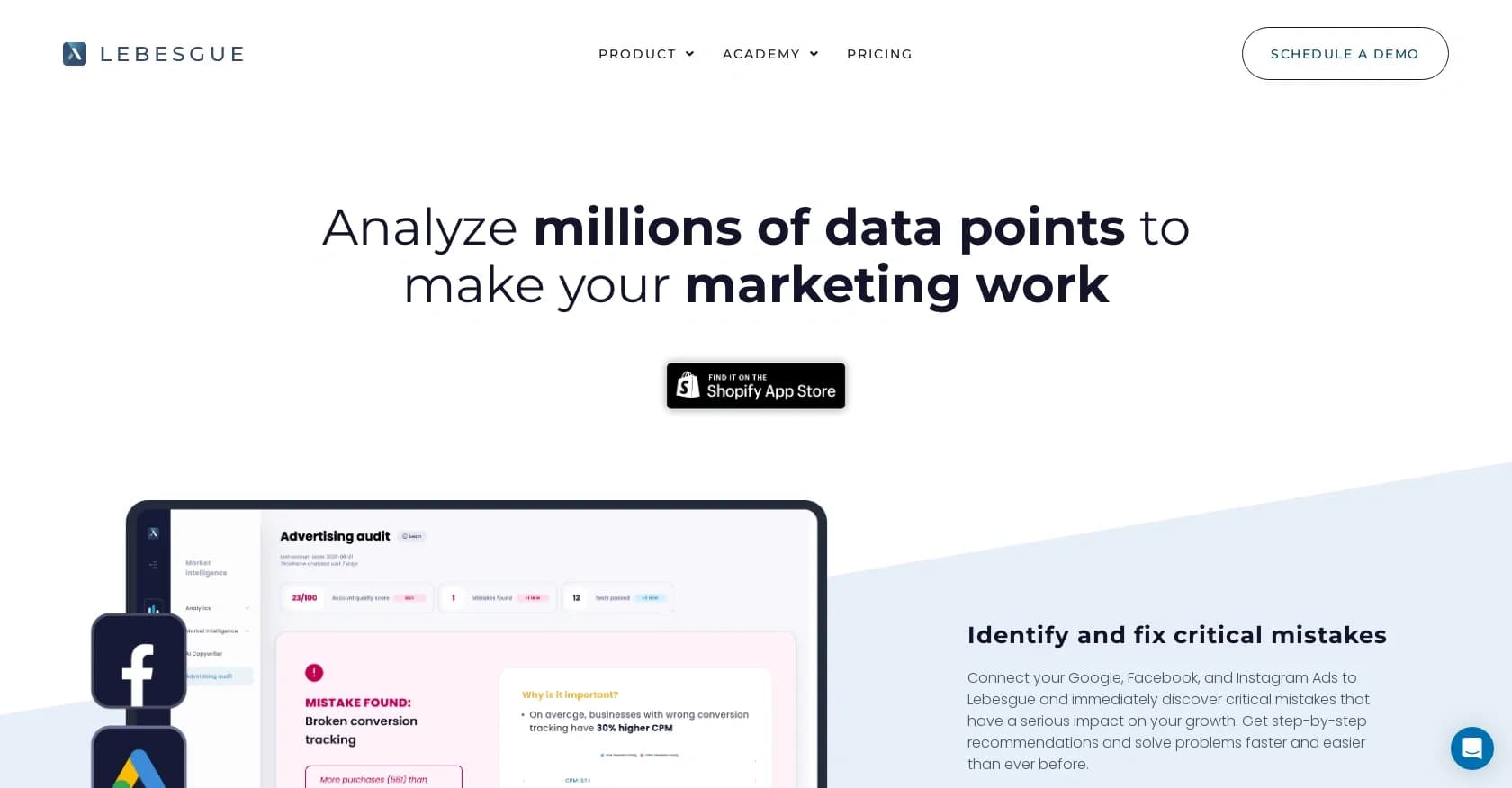 Lebesgue homepage screenshot — Boost e-commerce ROI with AI-driven marketing insights.